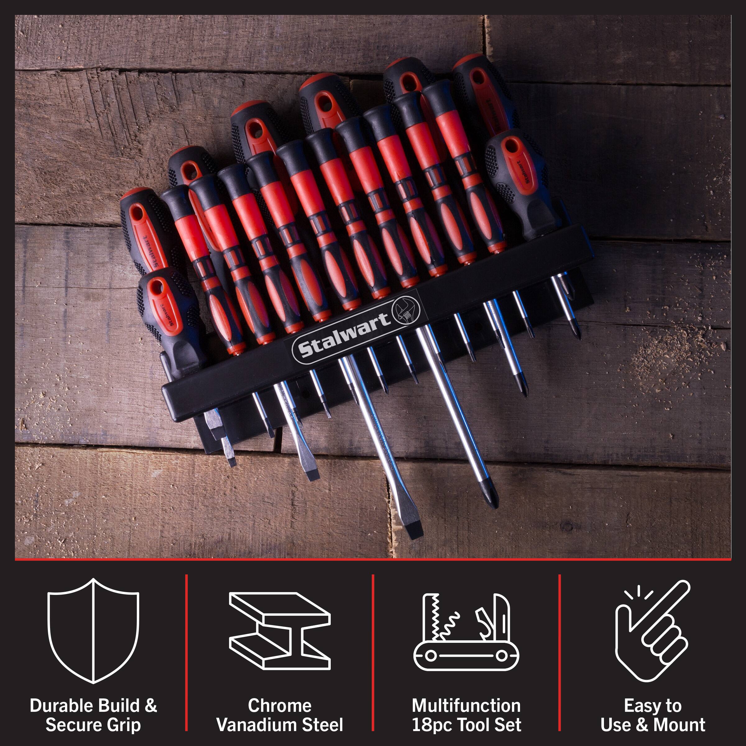 Stalwart Durable Build & Secure Grip Chrome Vanadium Steel Multifunction 18pc Tool Set Easy to Use & Mount