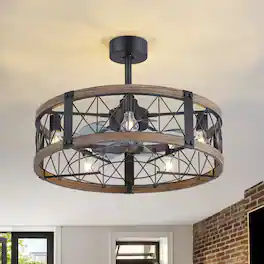 Breezary - 28-Inch Ceiling Fan with 7 ABS Blades, 5-Light Cage Design, DC Motor, Reversible Mode, Timer, Remote, Downrod Mount - Black and White Oak