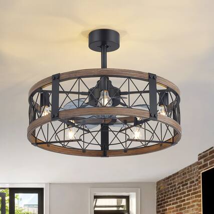 Front. Breezary - 28-Inch Ceiling Fan with 7 ABS Blades, 5-Light Cage Design, DC Motor, Reversible Mode, Timer, Remote, Downrod Mount - Black and White Oak.