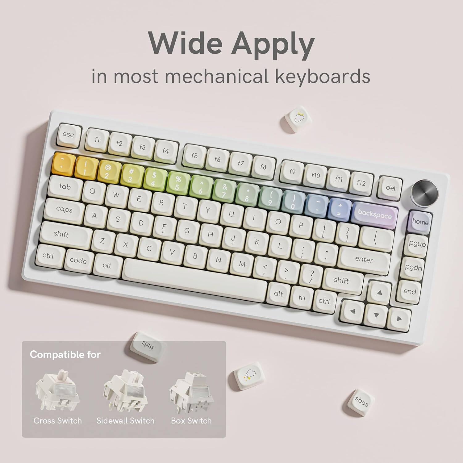 Wide Apply in most mechanical keyboards

esc fl f2 f3 f4 f5 f6 f7 1 # 2 $ 3 % 4 A tab 5 & Q 6 W 7 E 8 R T caps Y A U S D F shift G H Z J x C ctrl V code N alt M f8 19 f10 f11 f12 del ) 9 - 0 + = backspace I O P home ] I [ K ] / L pgup : enter < pgdn > ? / shift alt end fn ctrl

Compatible for us Cross Switch Sidewall Switch Box Switch
