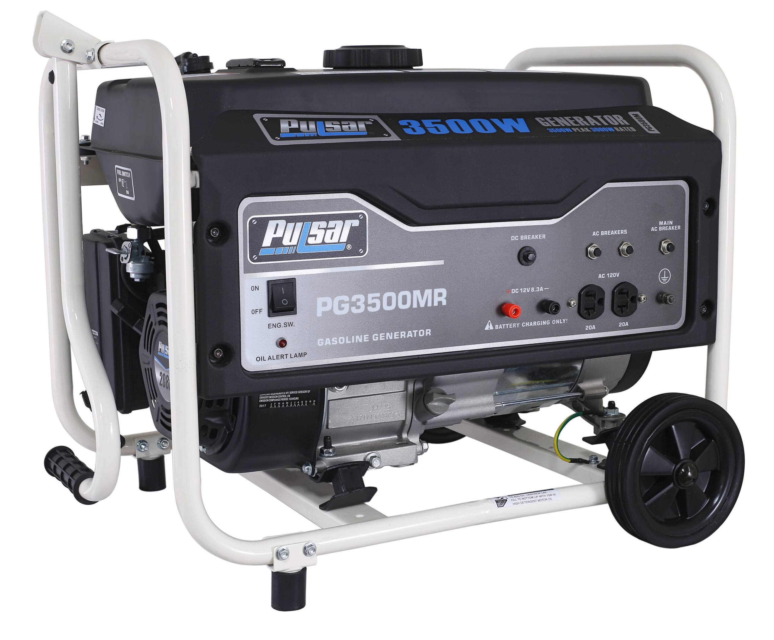 Pulsar PG3500MR 3500W GENERATOR  
DC BREAKER 12V 8.3A  
AC BREAKERS 120V 20A  
MAIN BREAKER 20A  
BATTERY CHARGING ONLY  
ENG. SW.  
OIL ALERT LAMP  
GASOLINE GENERATOR
