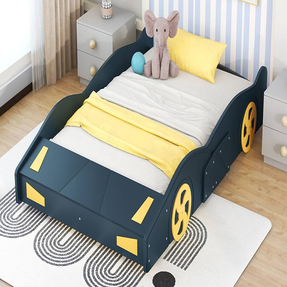 Alt View 1. Loheer - Loheer Full Size Race Car Bed with Storage Wheels Dark Blue - Dark Blue+Yellow.