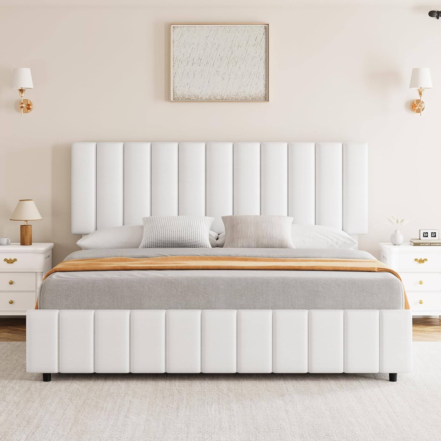 Alt View 4. Jojoka - QUEEN Size Platform Bed Frame with 4 Storage Drawers, Adjustable Headboard, Wood Slats, No Box Spring, White - White.