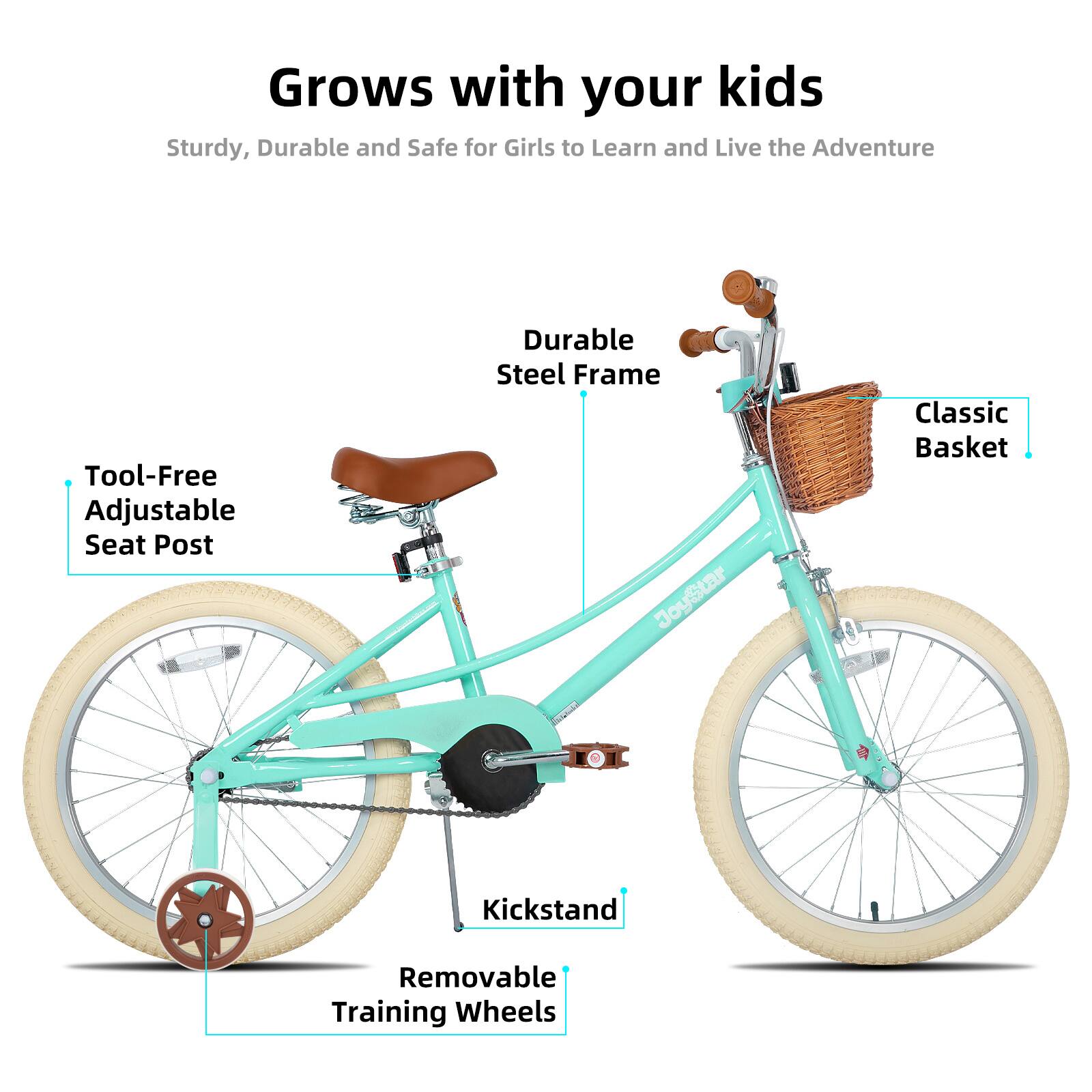 Grows with your kids  
Sturdy, Durable and Safe for Girls to Learn and Live the Adventure  
Tool-Free Adjustable Seat Post  
Durable Steel Frame  
Classic Basket  
Kickstand  
Removable Training Wheels