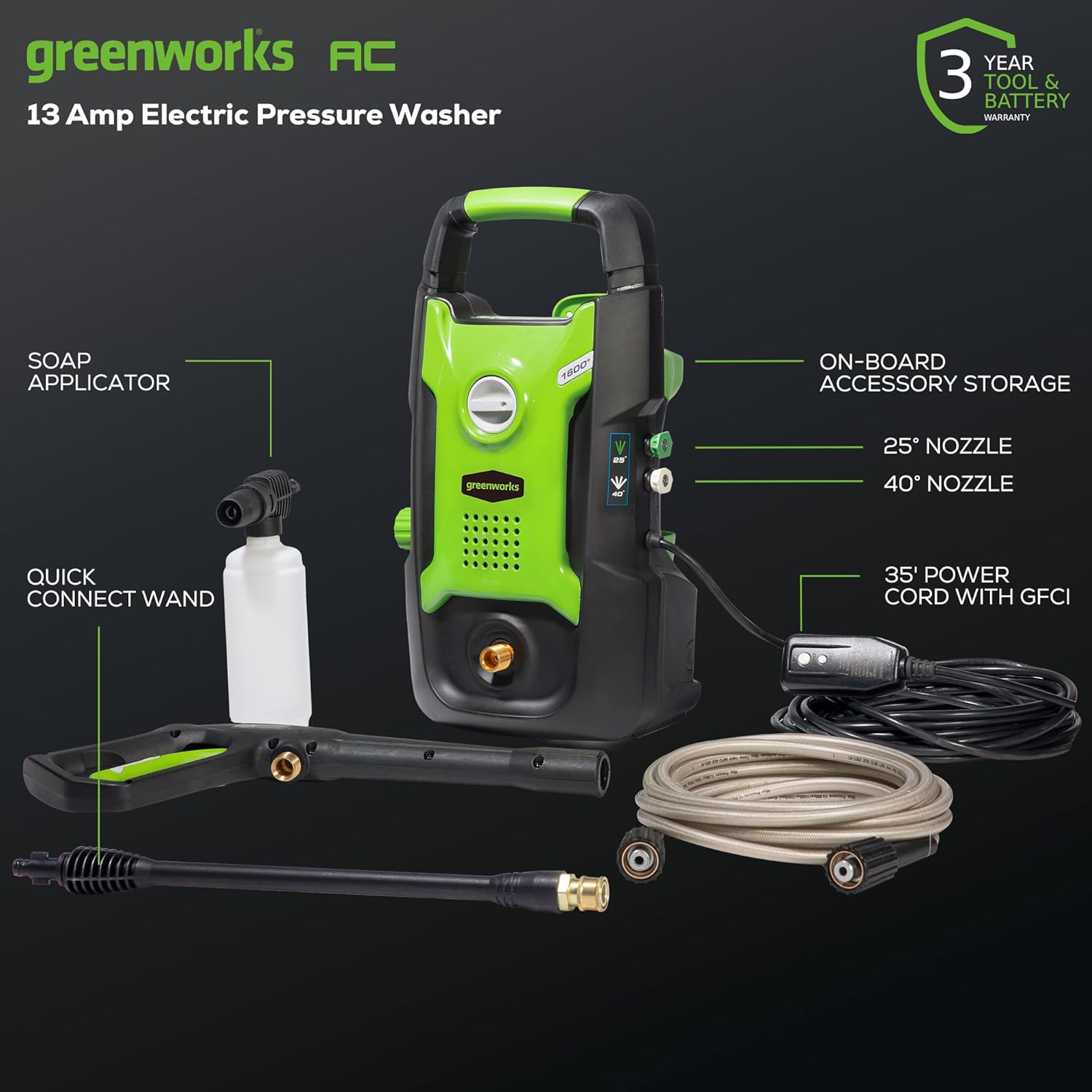 greenworks AC 13 Amp Electric Pressure Washer  
3 YEAR TOOL & BATTERY WARRANTY  
SOAP APPLICATOR  
ON-BOARD ACCESSORY STORAGE  
25° NOZZLE  
40° NOZZLE  
greenworks 40° NOZZLE QUICK CONNECT WAND  
35' POWER CORD WITH GFCI