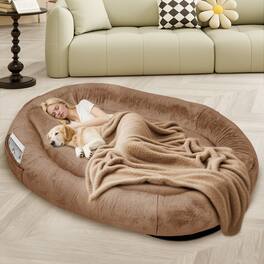 Furryfection - Oversize Faux Fur Human dog Bed with Pillow and Blanket - Brown
