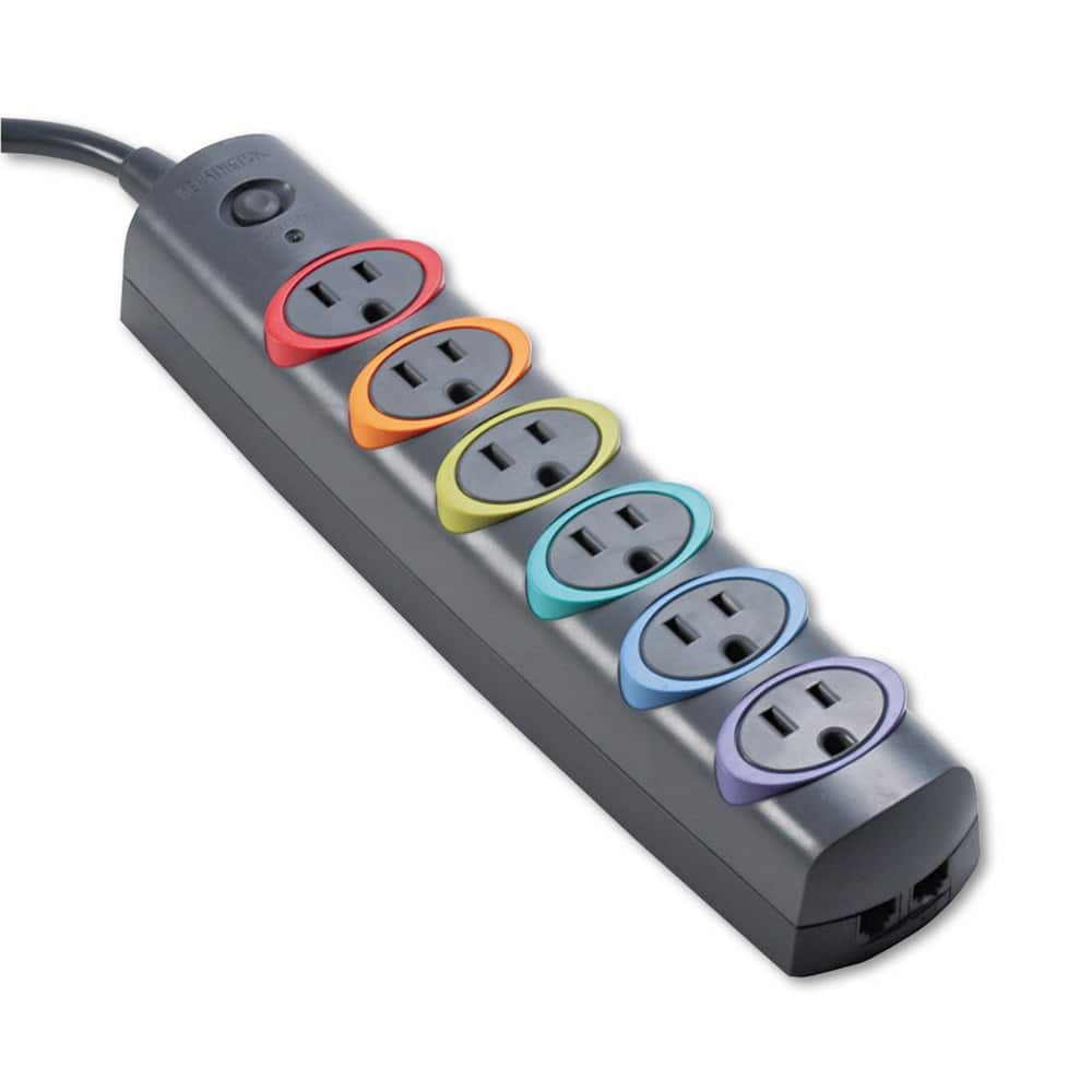 Kensington - K62146NA SmartSockets 670 J Color-Coded Strip Surge Protector with 6 AC Outlets and 6 ft. Cord - Black - Gray
