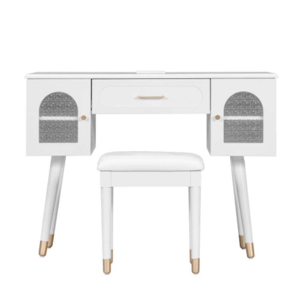 Alt View 6. LUCKY ONE - Elegant Vanity Makeup Table w/ Chair Charging Port 2 Cabinets 1 Drawer - White.
