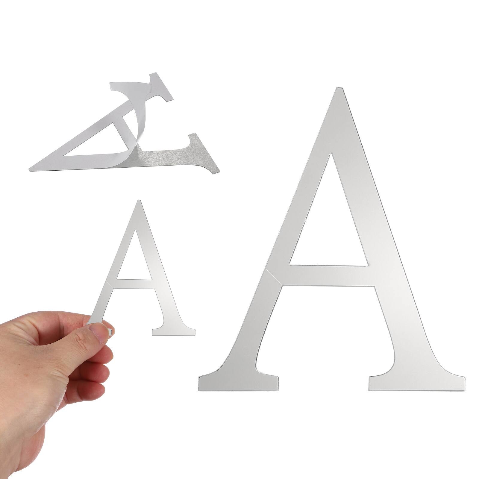 Front. Unique Bargains - 3D Alphabet Mirror Wall Sticker, 4" Acrylic Letter A Self-Adhesive Home Decor for Living Room, Bedroom - Silver.