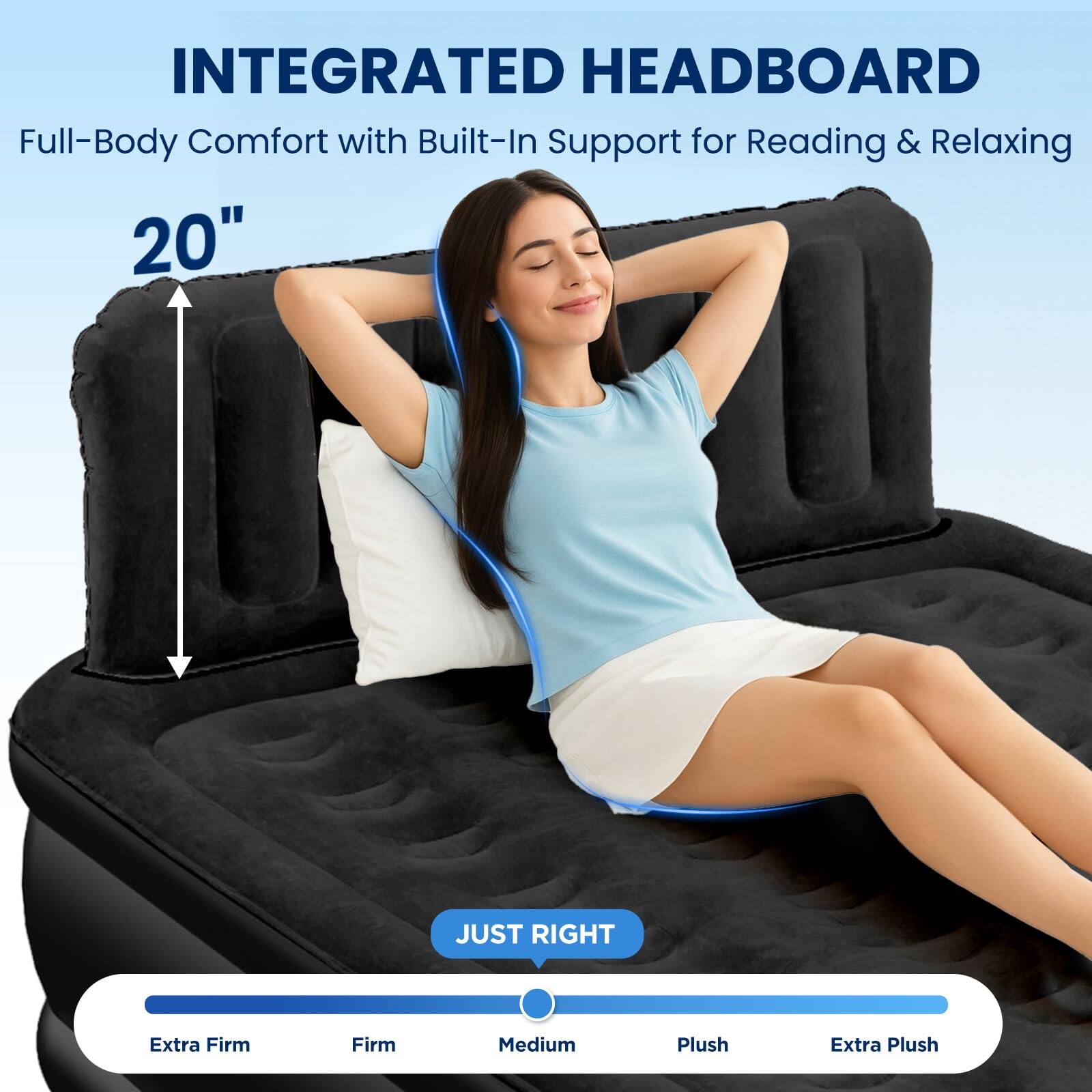 INTEGRATED HEADBOARD  
Full-Body Comfort with Built-In Support for Reading & Relaxing  

20"  

JUST RIGHT  

Extra Firm Firm Medium Plush Extra Plush