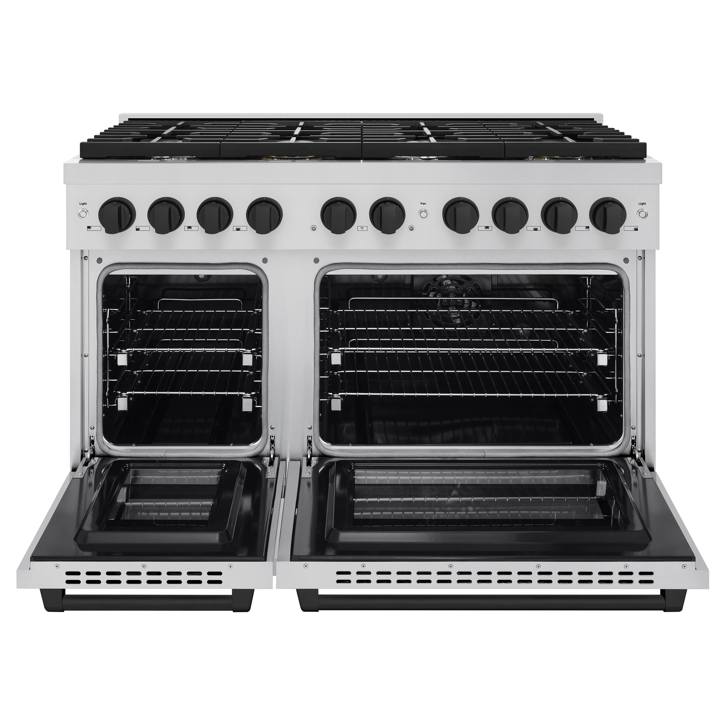 Angle. ZLINE - ZLINE Autograph 48" Paramount Double Oven Dual Fuel Range w/ Matte Black Accents (SDRZ-48-MB) - Stainless Steel.