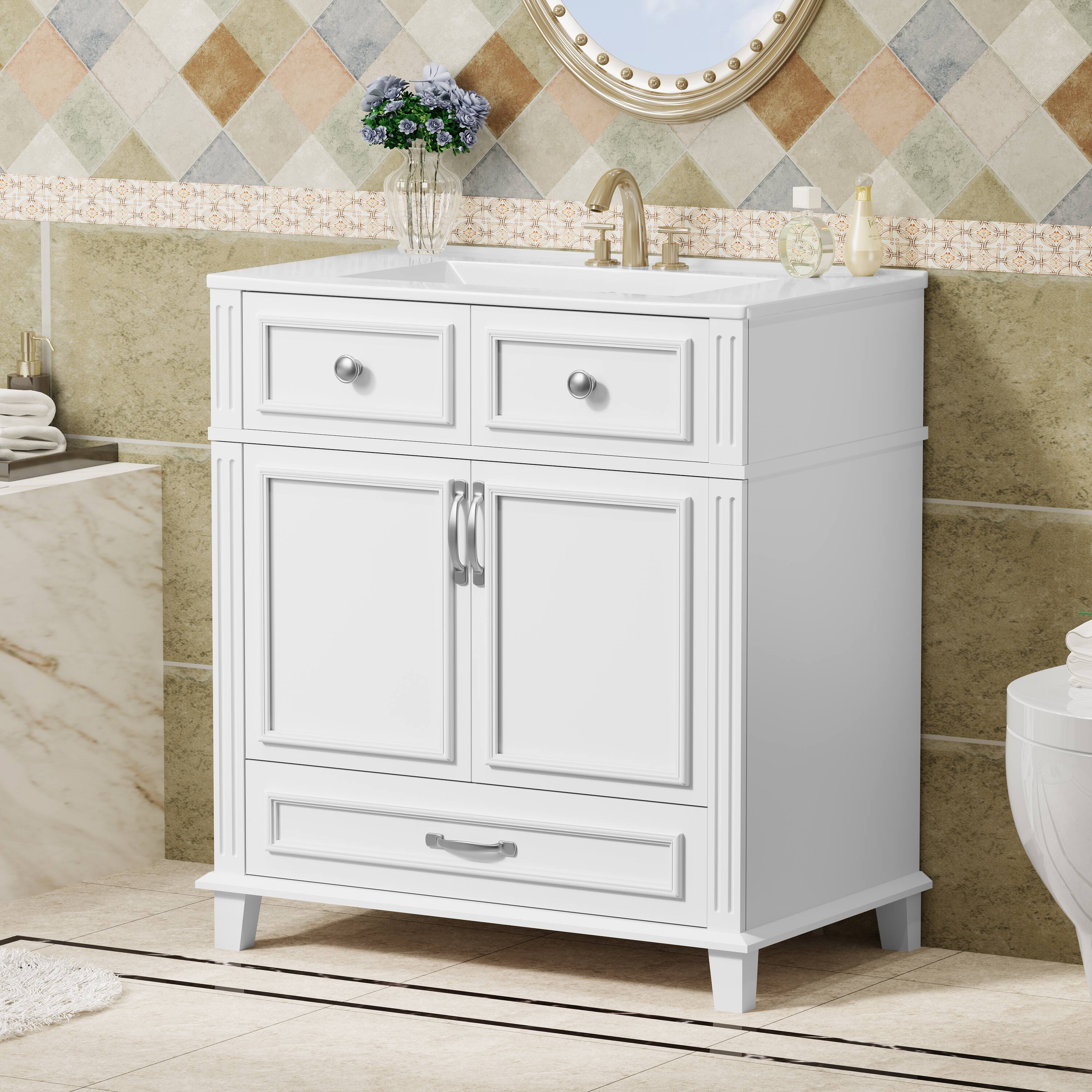 Front. Tiramisubest - 30" Bathroom Vanity with Ceramic Sink,Bathroom Storage Cabinet with Soft Closing Doors,Retro Style, White - White.