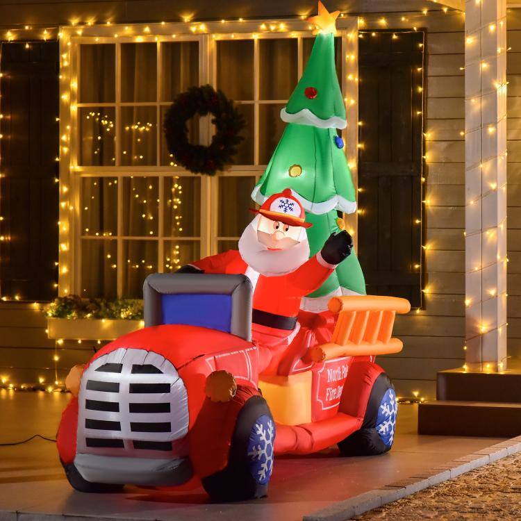 PULUZ 7.5ft Christmas Inflatable Santa Claus Driving a Fire Truck with ...
