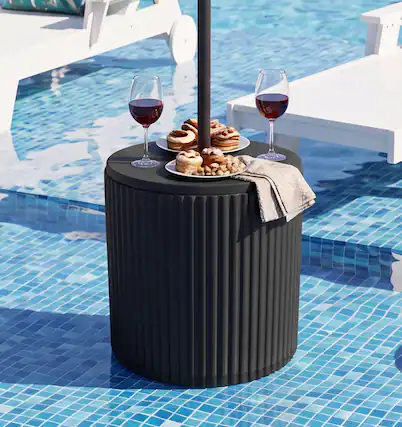 Front. SERWALL - SERWALL Outdoor Round Umbrella Side Table,3-in-1 Multi-Functional Use,Black - Black.