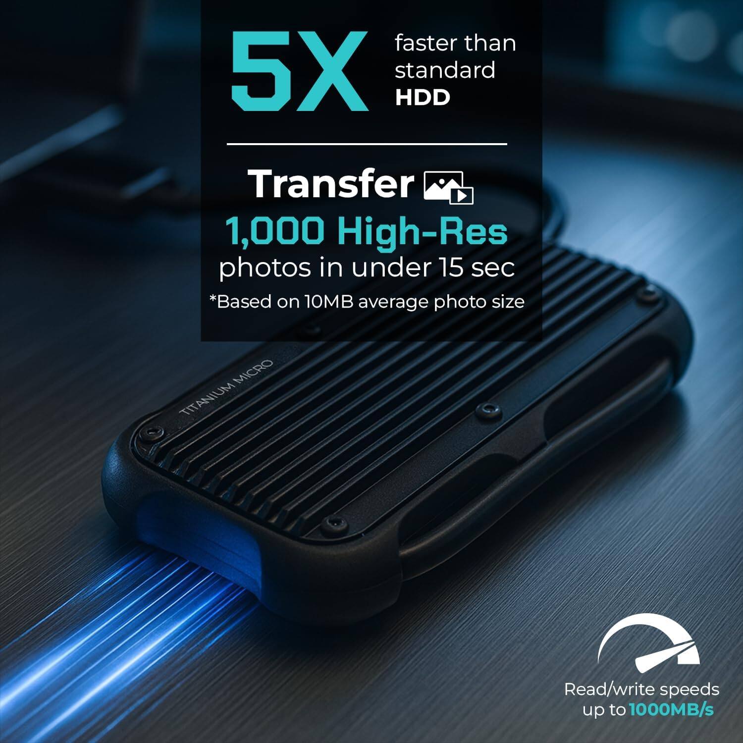 5X faster than standard HDD

Transfer 1,000 High-Res photos in under 15 sec  
*Based on 10MB average photo size

Read/write speeds up to 1000MB/s
