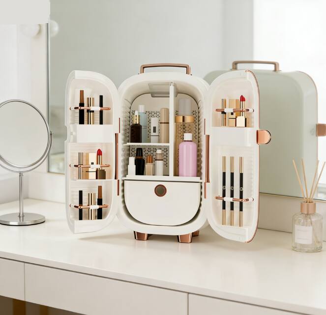 Angle. Circus Cirle - Mini Fridge, 12L Skincare Fridge with LED Display - White.