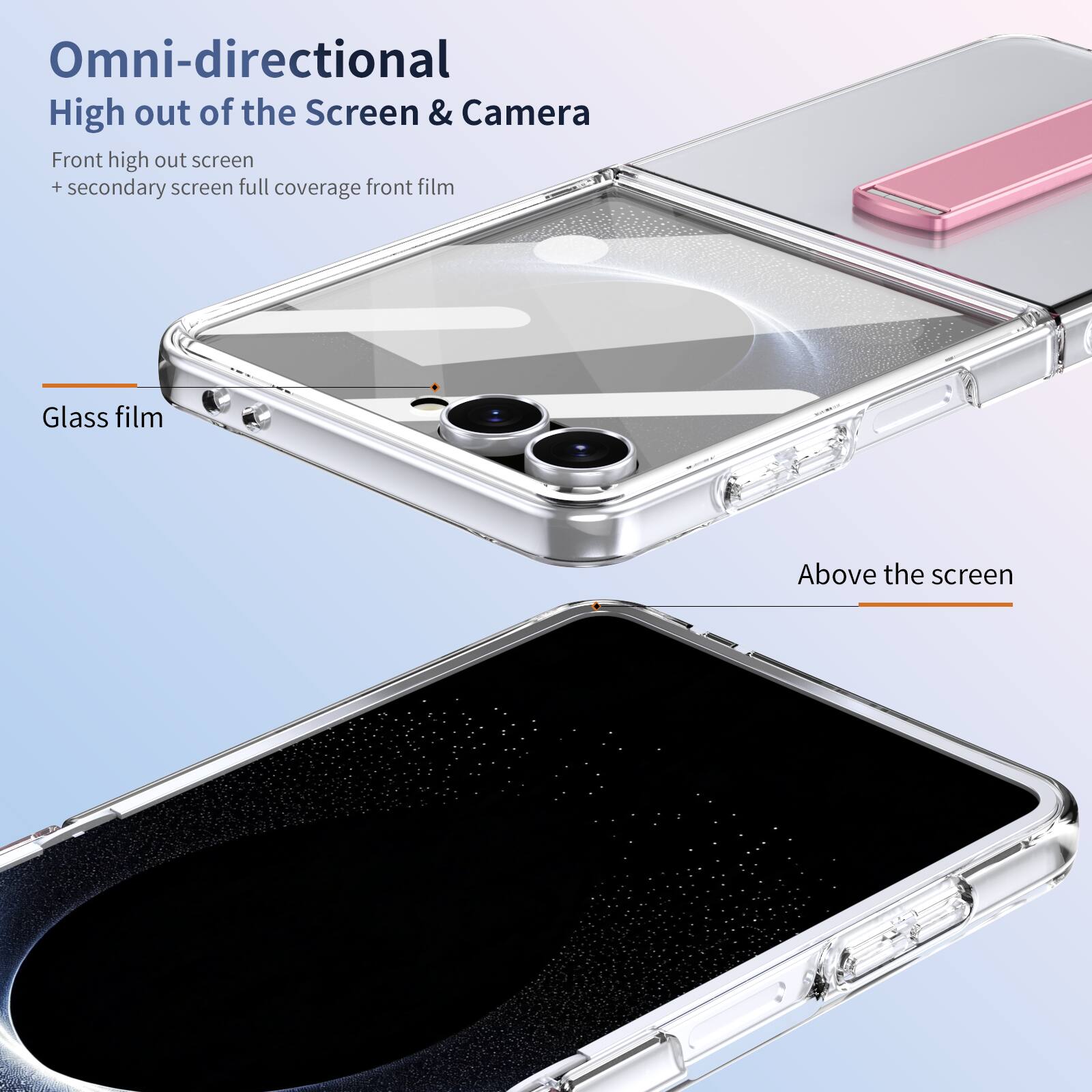 Omni-directional High out of the Screen & Camera  
Front high out screen + secondary screen full coverage front film  
Glass film  
Above the screen