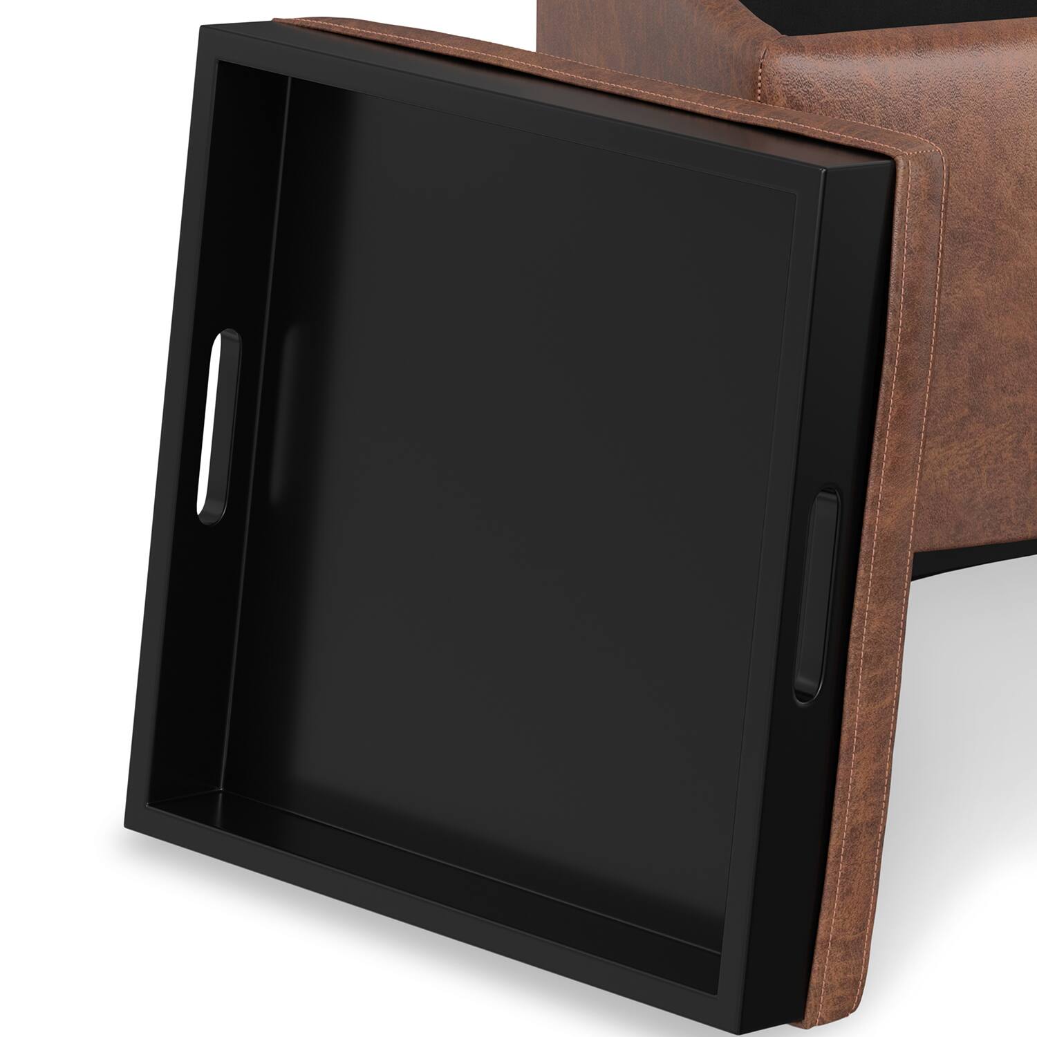 Alt View 5. Simpli Home - Natasha 18 inch Square Mid Century Storage Ottoman with Tray in Distressed Saddle Brown  Vegan Faux Leather, Assembled - Distressed Saddle Brown.