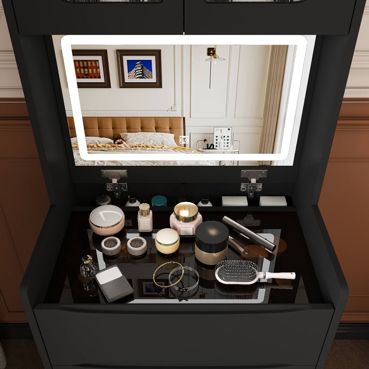 Alt View 9. Loheer - Loheer 3-in-1 Vanity Table with LED Mirror, Black Flip-Top Bedroom Storage and Cushioned Stool - Black.
