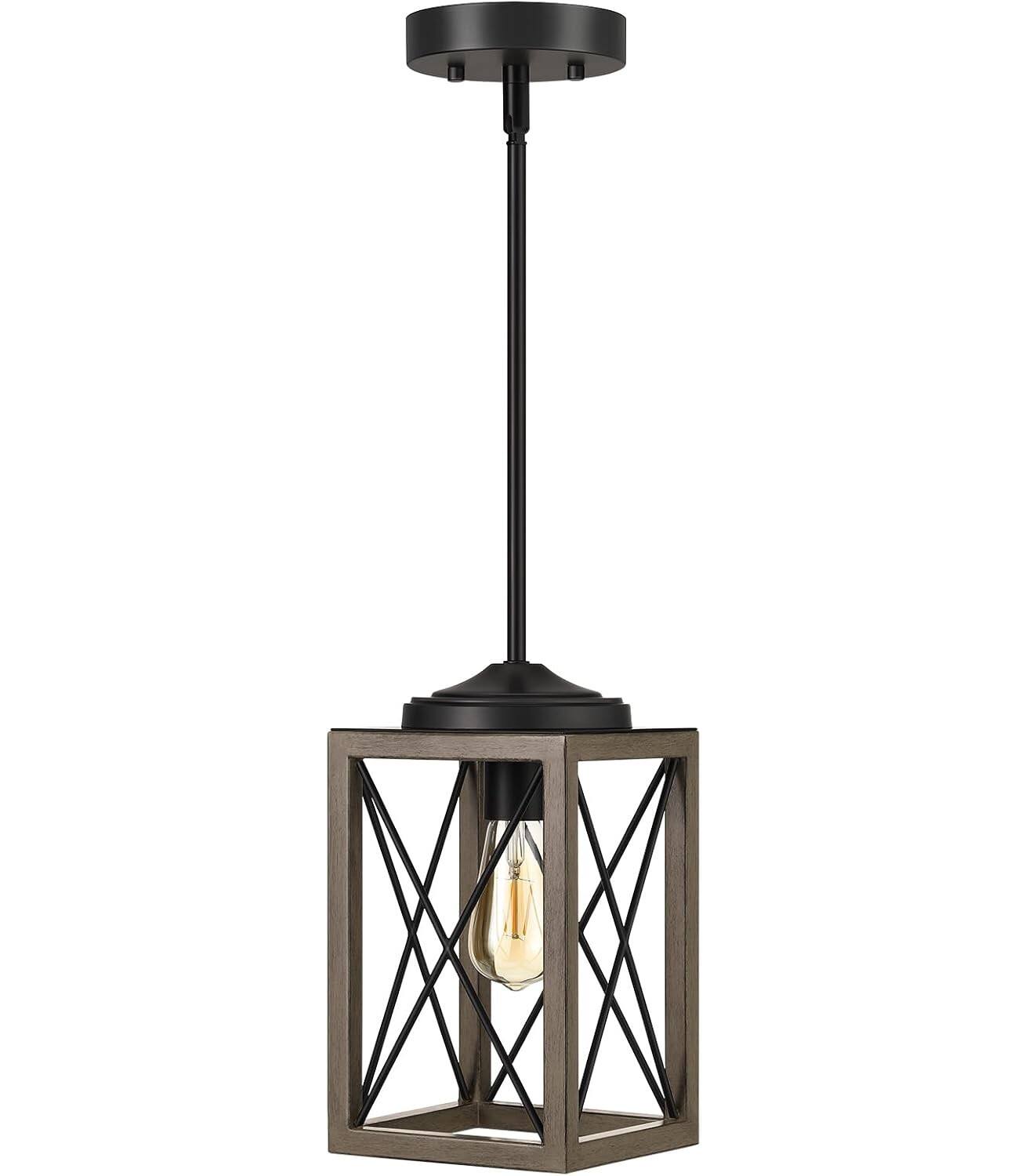 Front. FINEAK - Adjustable Farmhouse Pendant Light-Rustic Wood Grain Metal Fixture.