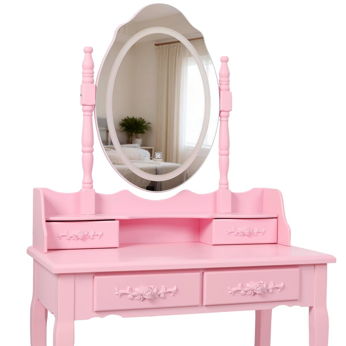 Back. Loheer - Loheer Pink Makeup Vanity Desk with LED Light Mirror and Cushioned Stool, Four Drawers - Pink.