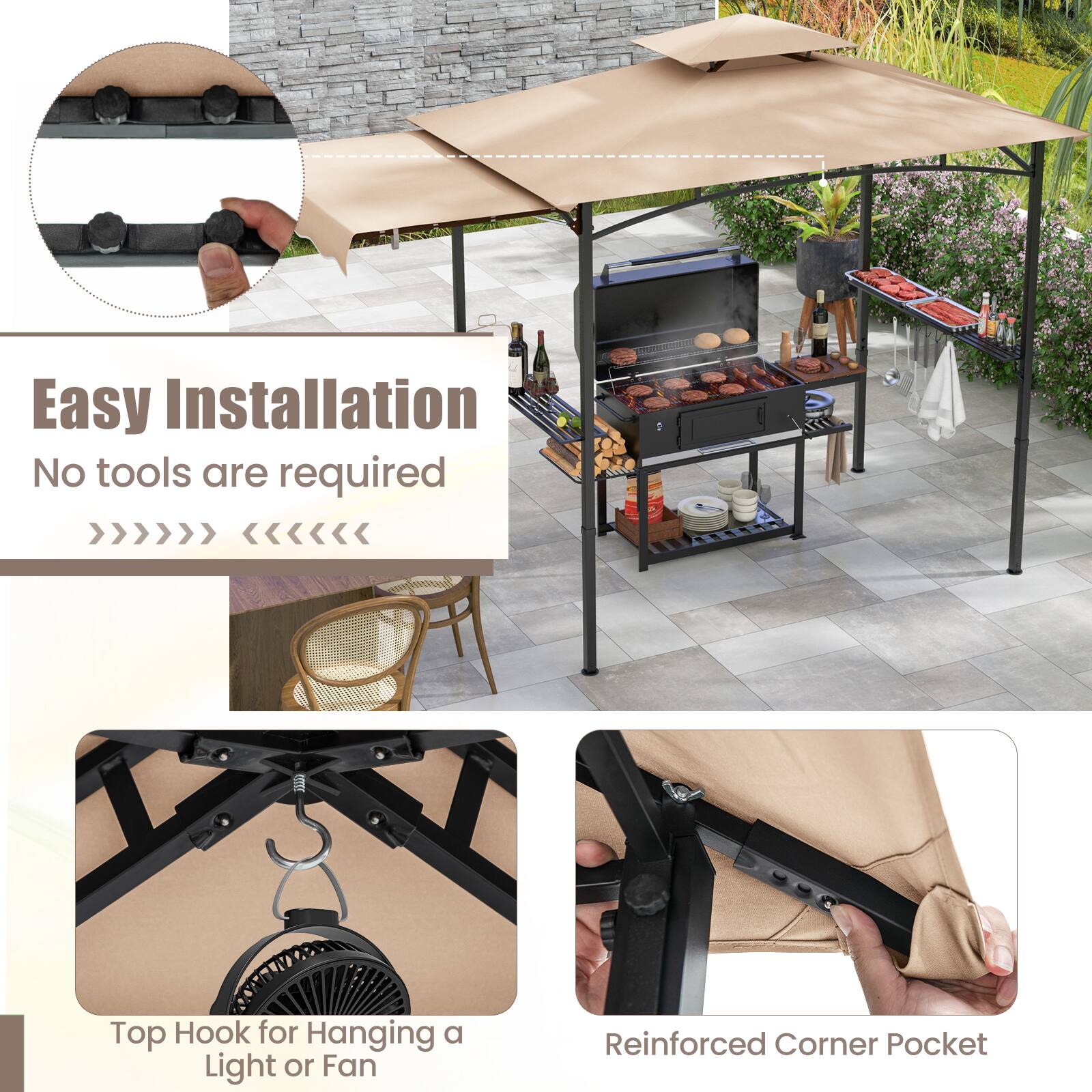Easy Installation  
No tools are required  

Top Hook for Hanging a Light or Fan  

Reinforced Corner Pocket