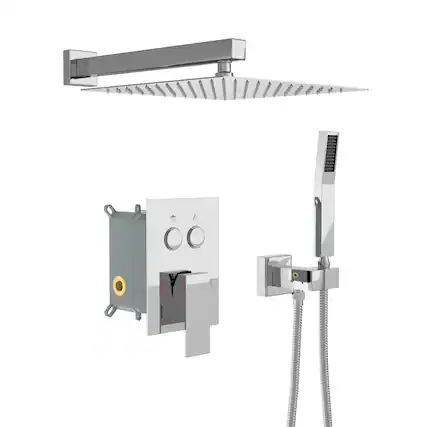 Front. Lordear - Dual Shower Head - 10 Inch Wall Mounted Square Shower System with Rough-in Valve,Chrome - Chrome.