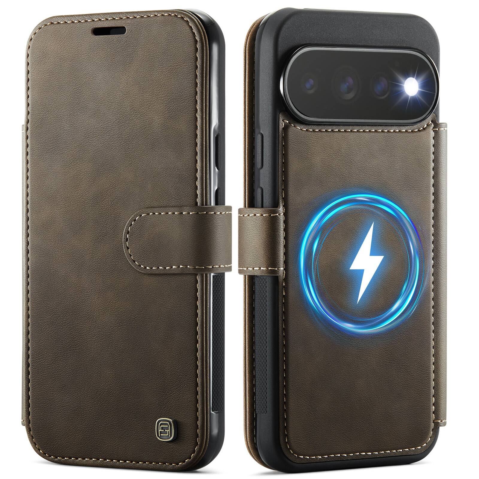 Angle. UUCOVER - Magnetic RFID Blocking Card Wallet Case for Google Pixel 11 / 11 Pro Shockproof Leather Compatible with MagSafe Cover - Brown.