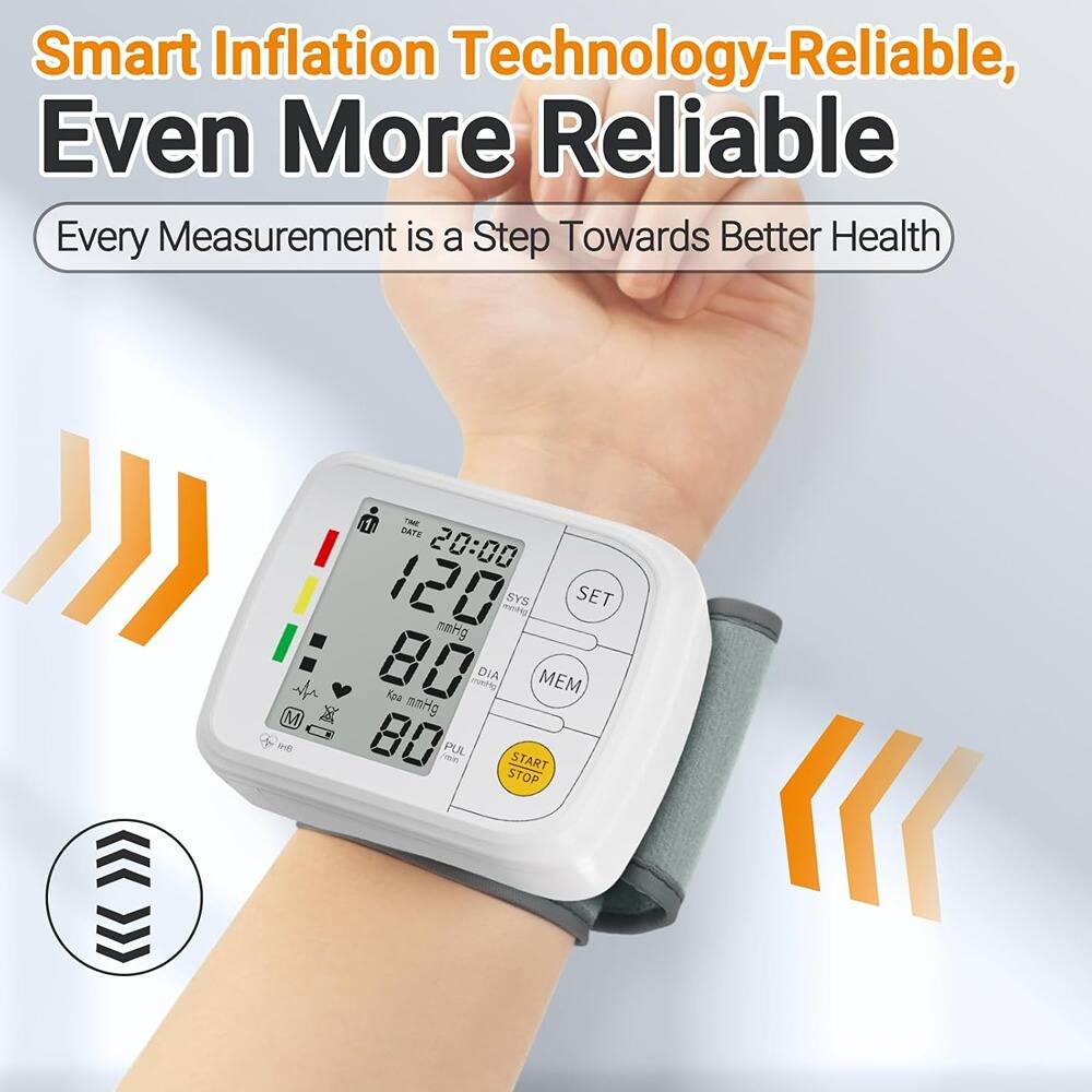 Smart Inflation Technology-Reliable, Even More Reliable  
Every Measurement is a Step Towards Better Health  

120 mmHg  
80 mmHg  
80 bpm  

DATE 20:00  
TIME 120  
SYS 80  
DIA 80  
PUL 80  

START STOP  
SET  
MEM