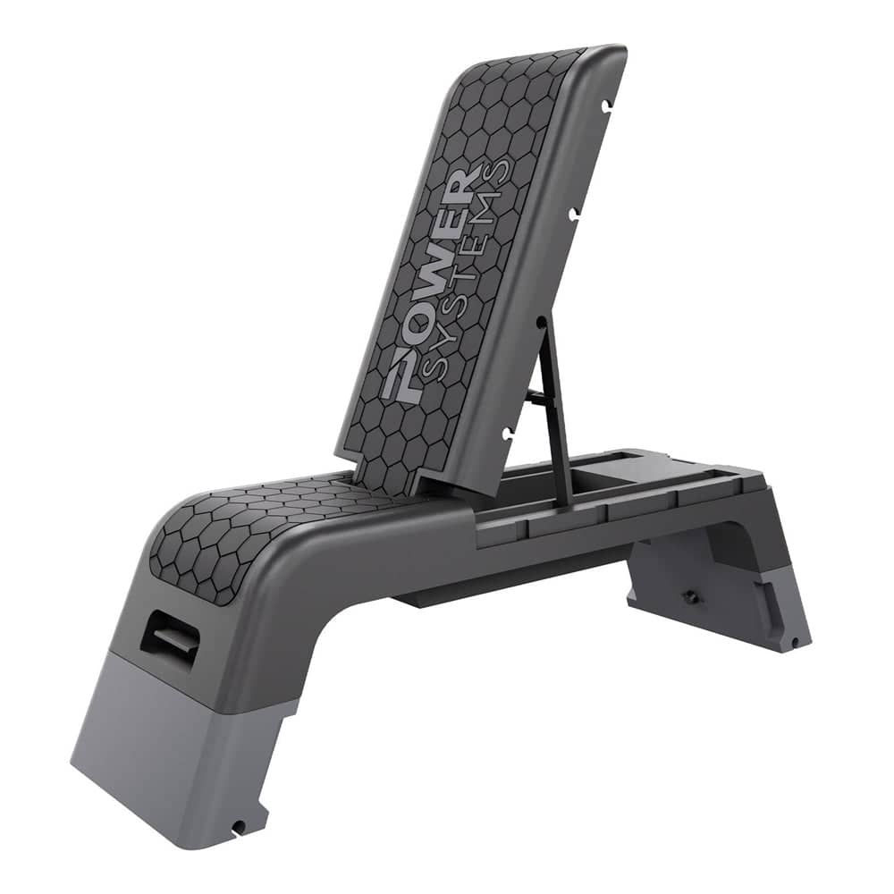 Power Systems - Aerobic Deck, Adjustable Fitness Deck Bench w/Adjustable Deck & Resistance Band Clips - Black/Grey