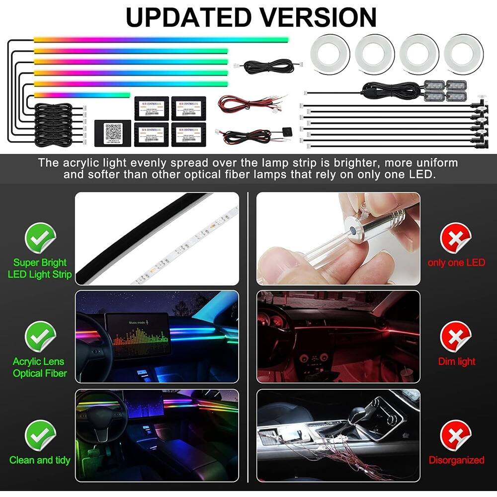 UPDATED VERSION

The acrylic light evenly spread over the lamp strip is brighter, more uniform and softer than other optical fiber lamps that rely on only one LED.

- Super Bright LED Light Strip
- Acrylic Lens Optical Fiber
- Clean and tidy

only one LED
Dim light
Disorganized