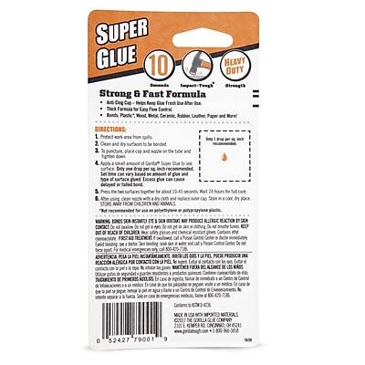 **SUPER GLUE**

**10 HEAVY DUTY**

**Strong & Fast Formula**

**5-Cling Cap**

**Fresh Du Ater D**

**Tick Formula fur Exy Floe Bands Pastic Wood Wetal Paper and DIBECTIONS:**

**1. Protect 80% aa from 2 Clean and b to be 3 Place and on the Tube and p 4 Apply a pne Set of delaved o 5 E FROM of per B of tu tor a dn and a net 4 for E3 Stare I a d place OI De o a m I De REACCIN u 1 LAPEL PAE FIERA DE DE ' a 52427 79001 9**

---

**Directions:**

1. Protect the area to be bonded from dust and moisture.
2. Clean and dry the surface to be bonded.
3. Place the tube on a flat surface.
4. Apply a small amount of glue to one surface.
5. Press the two surfaces together firmly.
6. Hold for 10 seconds. Full strength in 24 hours.

**Warning:**

- Not recommended for use on skin or eyes. If contact occurs, flush with water