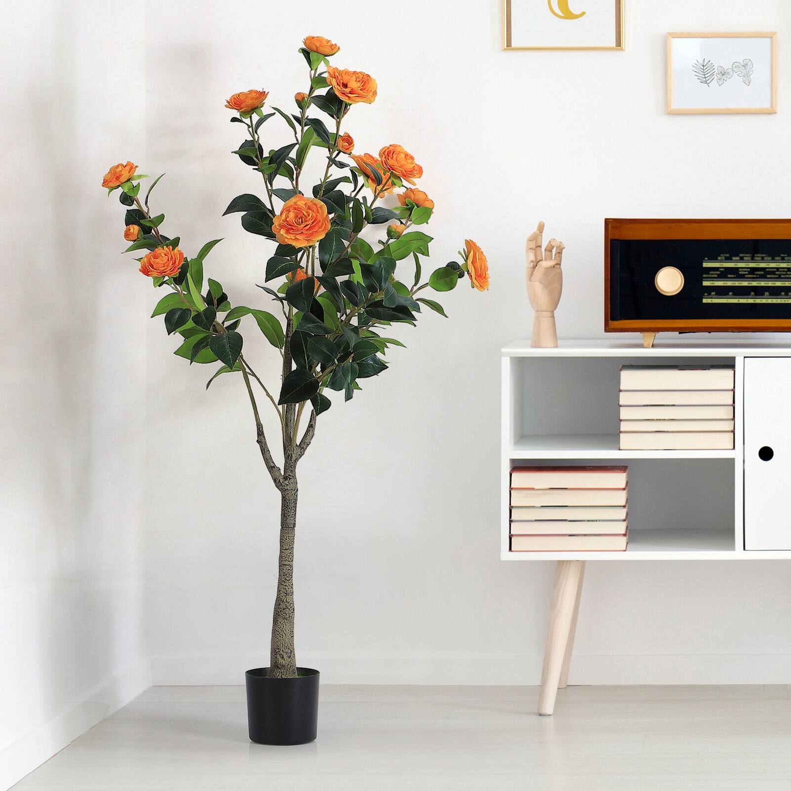 Alt View 2. Oumilen - Artificial Orange Camellia Tree in Black Pot - Orange.