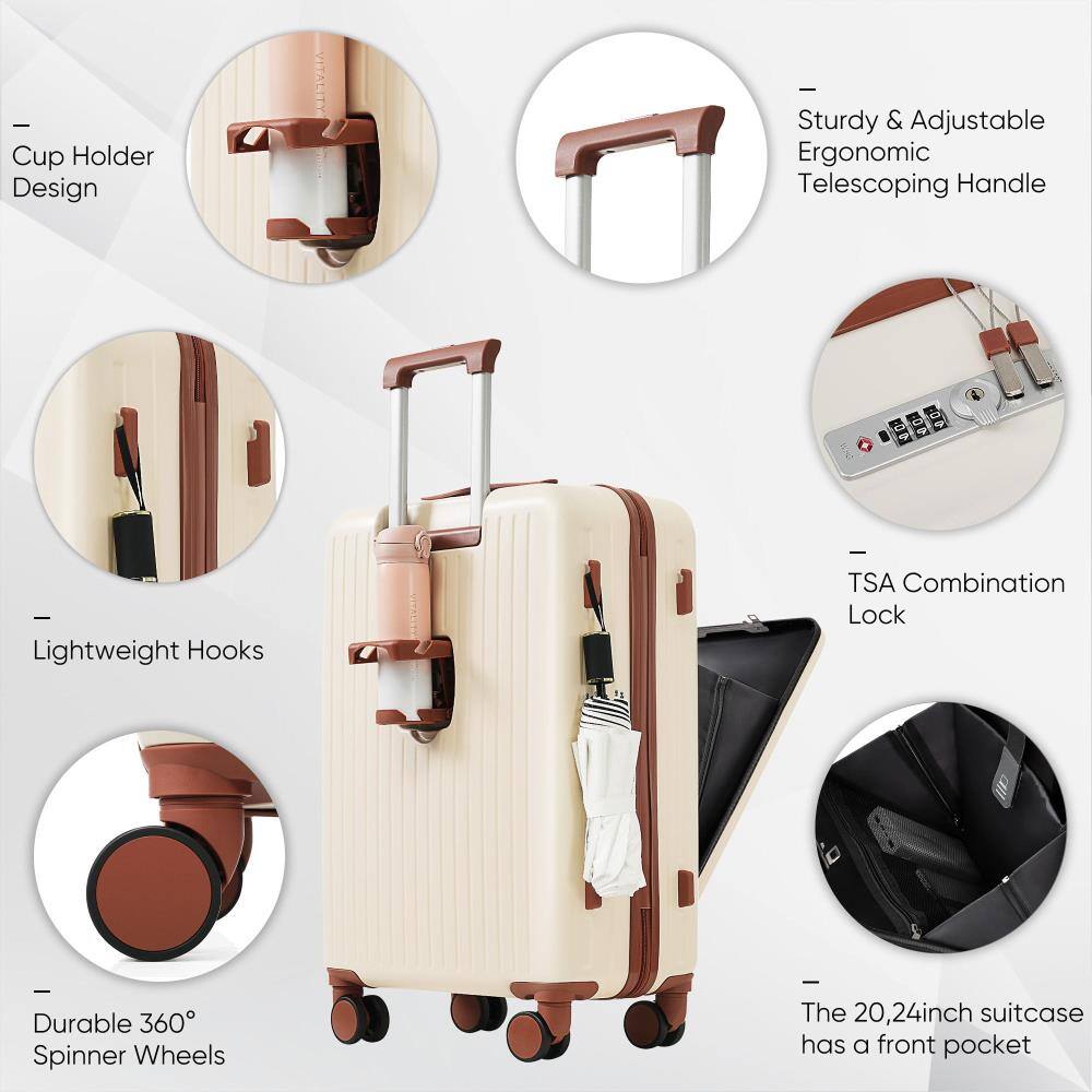 - Cup Holder Design
- Sturdy & Adjustable Ergonomic Telescoping Handle
- Lightweight Hooks
- Durable 360° Spinner Wheels
- TSA Combination Lock
- The 20,24inch suitcase has a front pocket