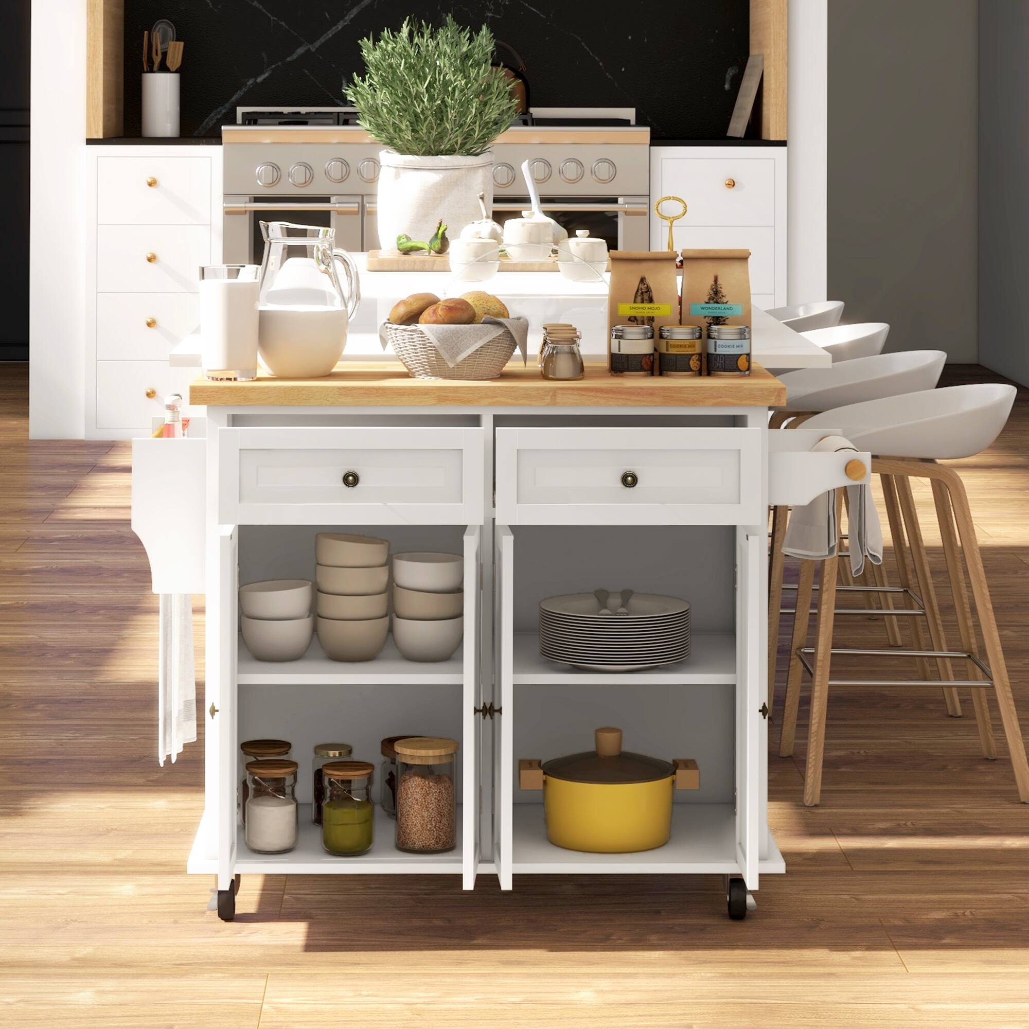 Alt View 4. Homcom - Kitchen Island Cart with Rubber Wood Top, Rolling Table on Wheels with Drawers, Spice Rack - Cream White.