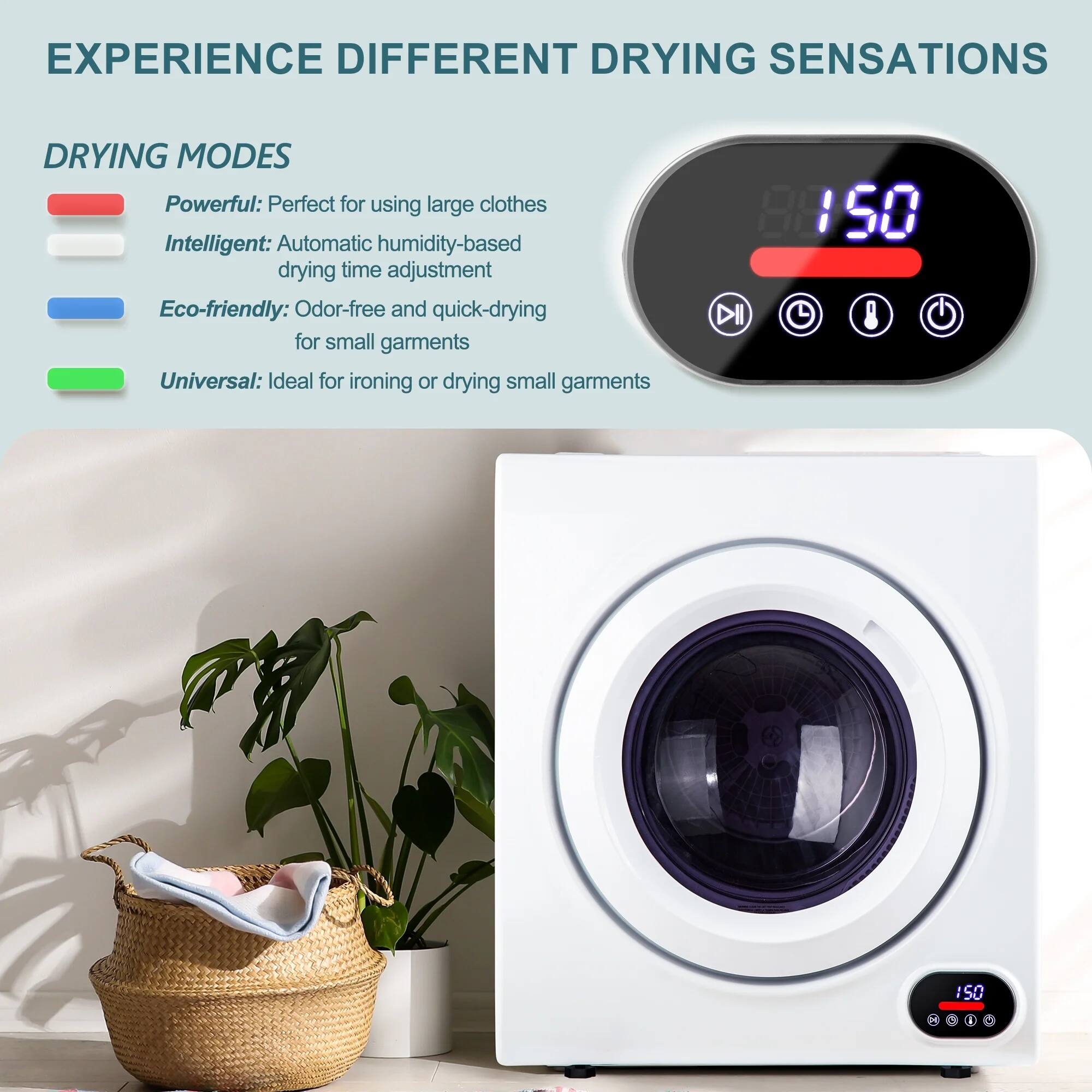 Experience different drying sensations with the following drying modes:
- **Powerful:** Perfect for using large clothes.
- **Intelligent:** Automatic humidity-based drying time adjustment.
- **Eco-friendly:** Odor-free and quick-drying for small garments.
- **Universal:** Ideal for ironing or drying small garments.