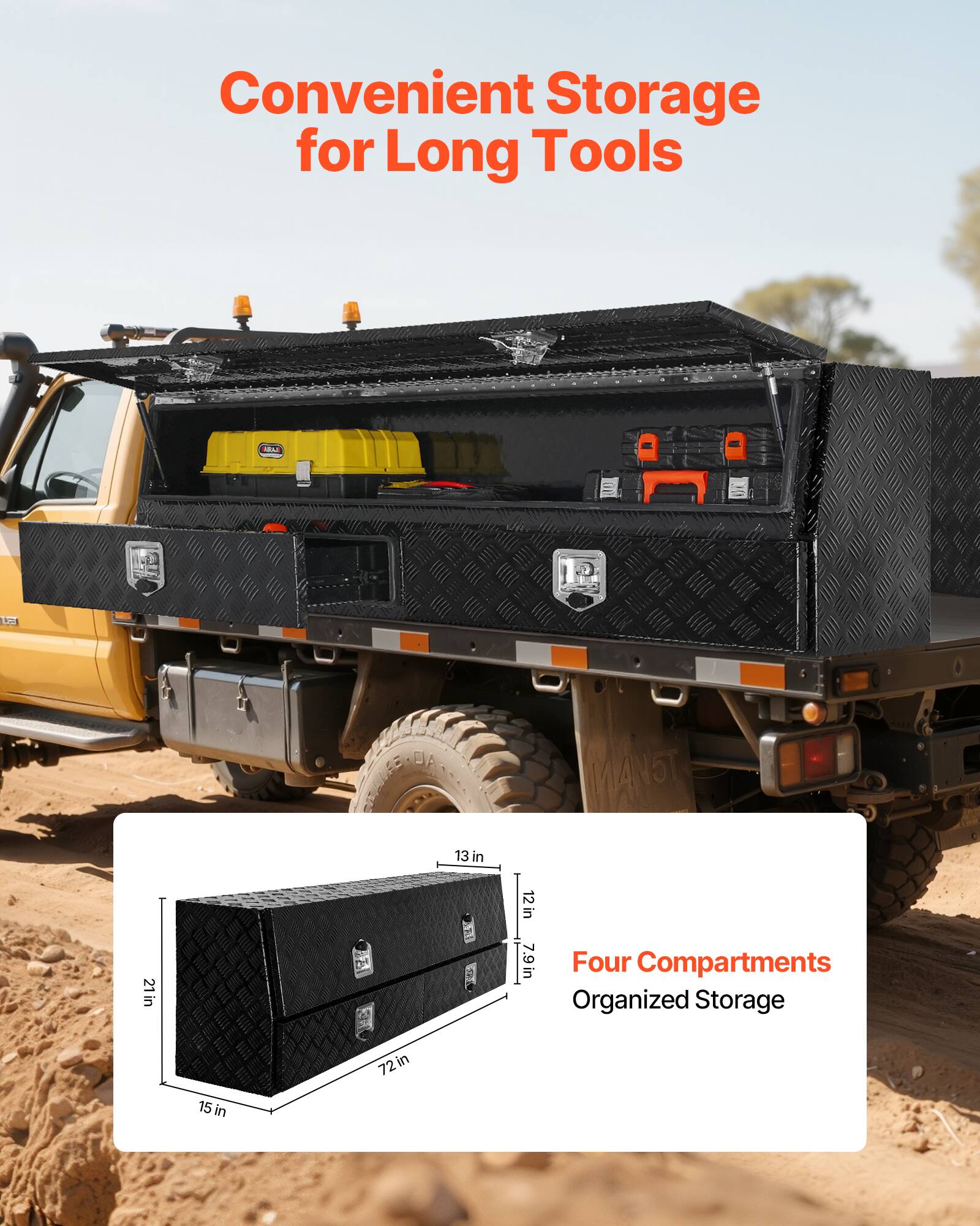 Convenient Storage for Long Tools

Four Compartments
Organized Storage

Dimensions:
- Length: 72 in
- Width: 15 in
- Height: 13 in
- Compartment Height: 12 in
- Total Height: 79 in