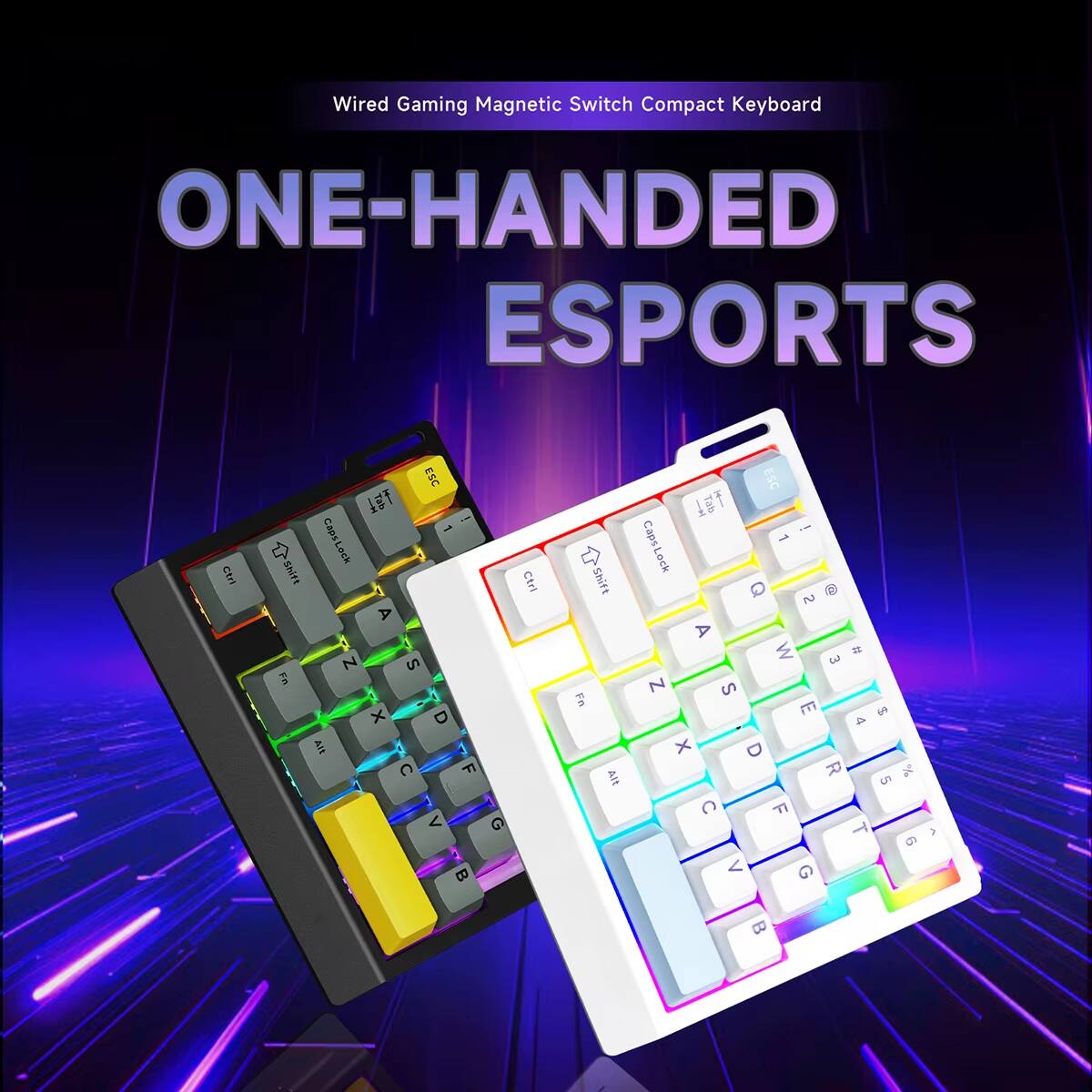 Wired Gaming Magnetic Switch Compact Keyboard  
ONE-HANDED ESPORTS  

CapsLock Lack Shift A N S Fn x a SV C F 1 1 < G 2  Ctri a Shift Fn Alt ESC g Tab T : - CapsLock Q R 2 A W  3 Z S E $ 4 x D R % 5 C F T 9 < G J