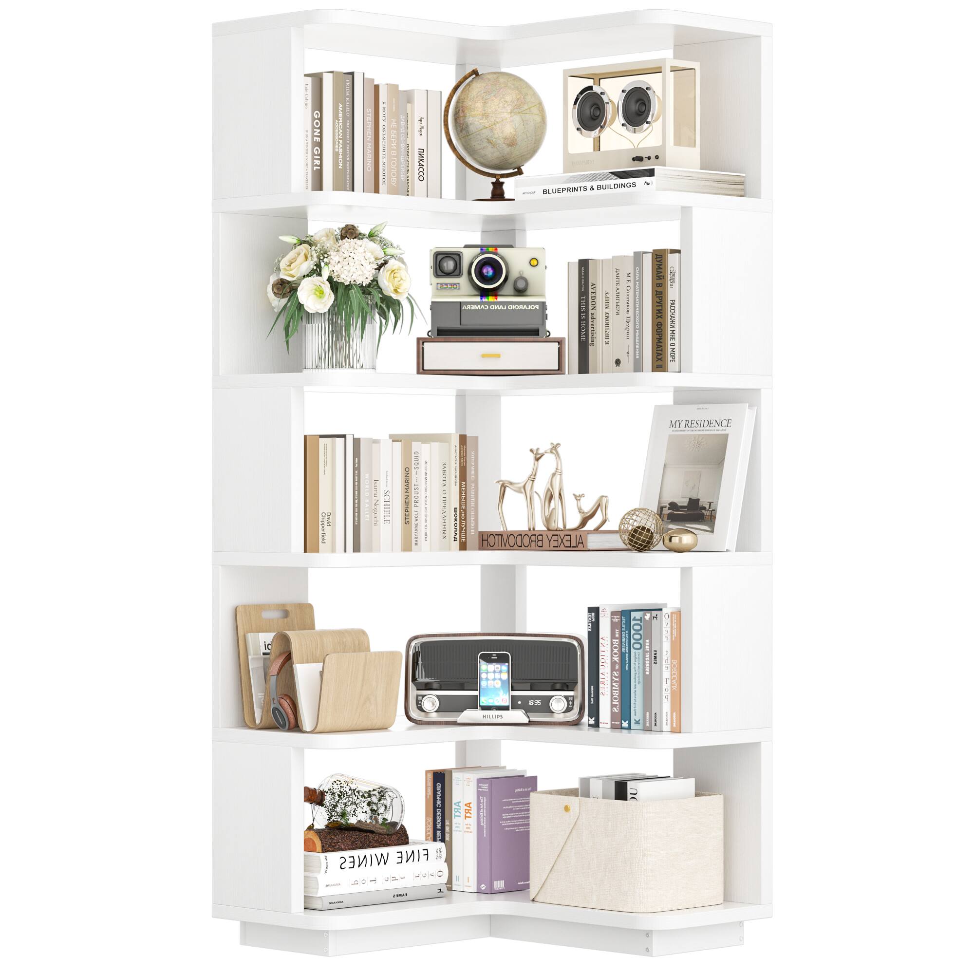 Aheaplus - 6-Tier Corner L-Shaped Etagere Bookshelf with Baffles - Freestanding Storage for Living Room/Office/Bedroom - White price history on PriceWatchPro