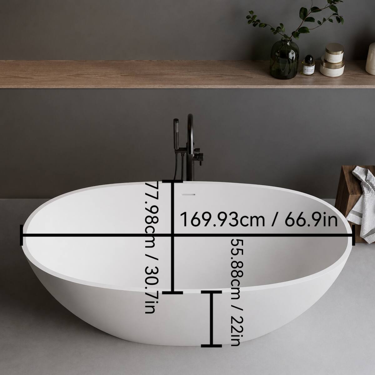 Loheer 66.9 in Solid Surface Freestanding Soaking Bathtub Oval Tub with ...
