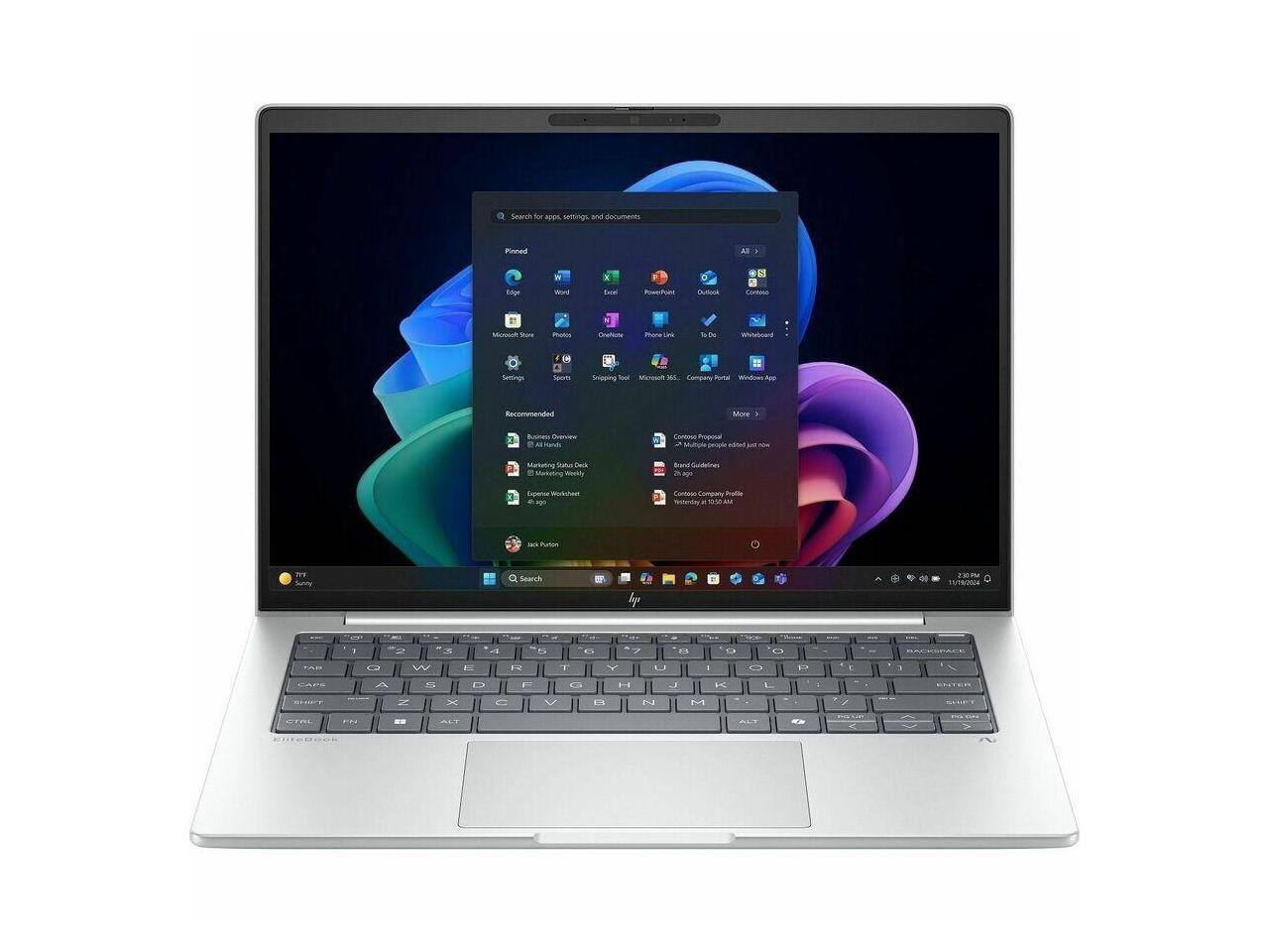 Search for apps, settings, and documents

Pinned:
- Edge
- Word
- Excel
- PowerPoint
- Outlook
- OneNote
- Photos
- Microsoft Store
- Settings
- Sports
- Snipping Tool
- Microsoft 365
- Company Portal
- Windows Apps

Recommended:
- Business Overview
- Marketing Status Deck
- Expense Worksheet
- Company Profile

More:
- Company Guidelines

Jack Patton

Q: Search