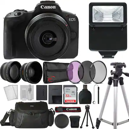 Canon RF-518-45mm Lens F4.5-6.3 IS STM EOS 49mm Telephoto Lens TP Macro I Super Wide Angle Lens
Canon EOS Camera
Canon Speedlite Flash
Canon Lens Cap
Canon Lens Hood
Canon Lens Cleaning Kit
SanDisk Ultra 120MB/s 32GB SD Card
Canon Battery Grip
Canon Battery Charger
Canon USB Cable
Canon Tripod
Canon Camera Bag
Canon Lens Filter
Canon Lens Cap