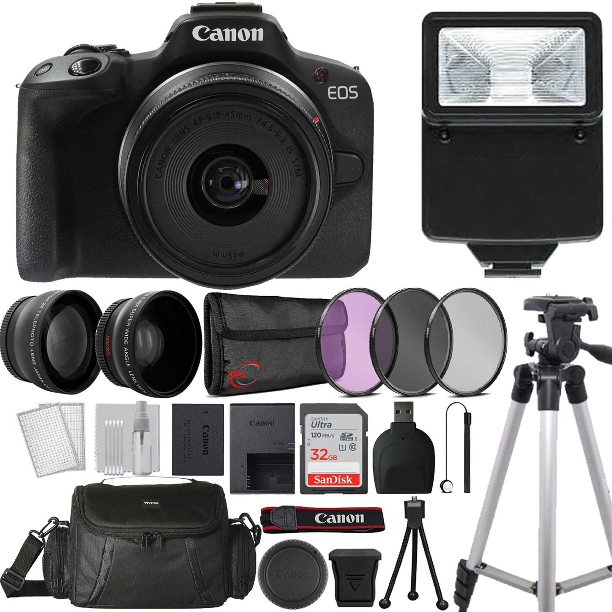 Canon RF-518-45mm Lens F4.5-6.3 IS STM EOS 49mm Telephoto Lens TP Macro I Super Wide Angle Lens

Canon EOS Camera

Canon Speedlite Flash

Canon Lens Cap

Canon Lens Hood

Canon Lens Cleaning Kit

SanDisk Ultra 120MB/s 32GB SD Card

Canon Battery Grip

Canon Battery Charger

Canon USB Cable

Canon Tripod

Canon Camera Bag

Canon Lens Filter

Canon Lens Cap
