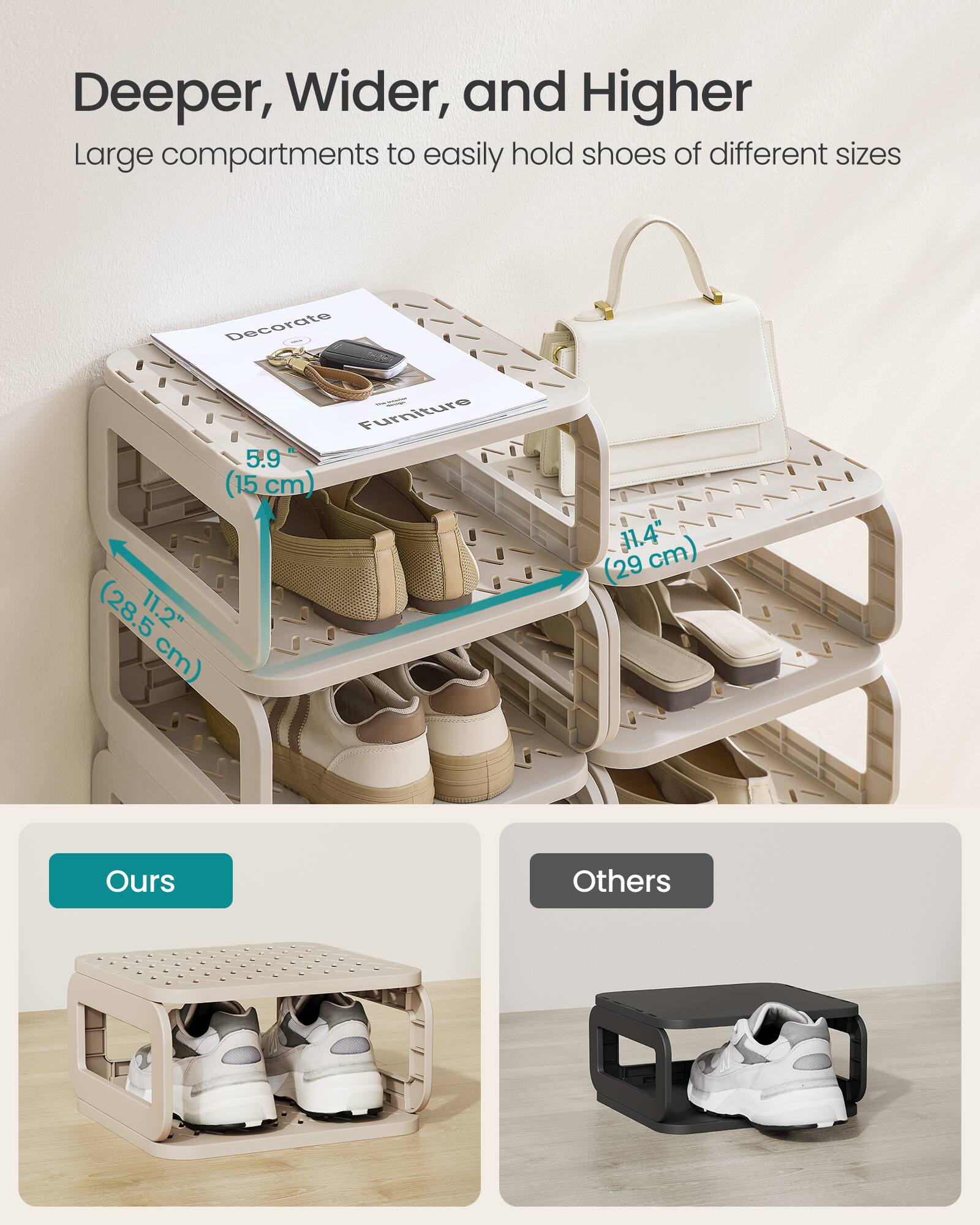 Deeper, Wider, and Higher  
Large compartments to easily hold shoes of different sizes  

5.9" (15 cm)  
11.2" (28.5 cm)  
11.4" (29 cm)  

Ours  
Others