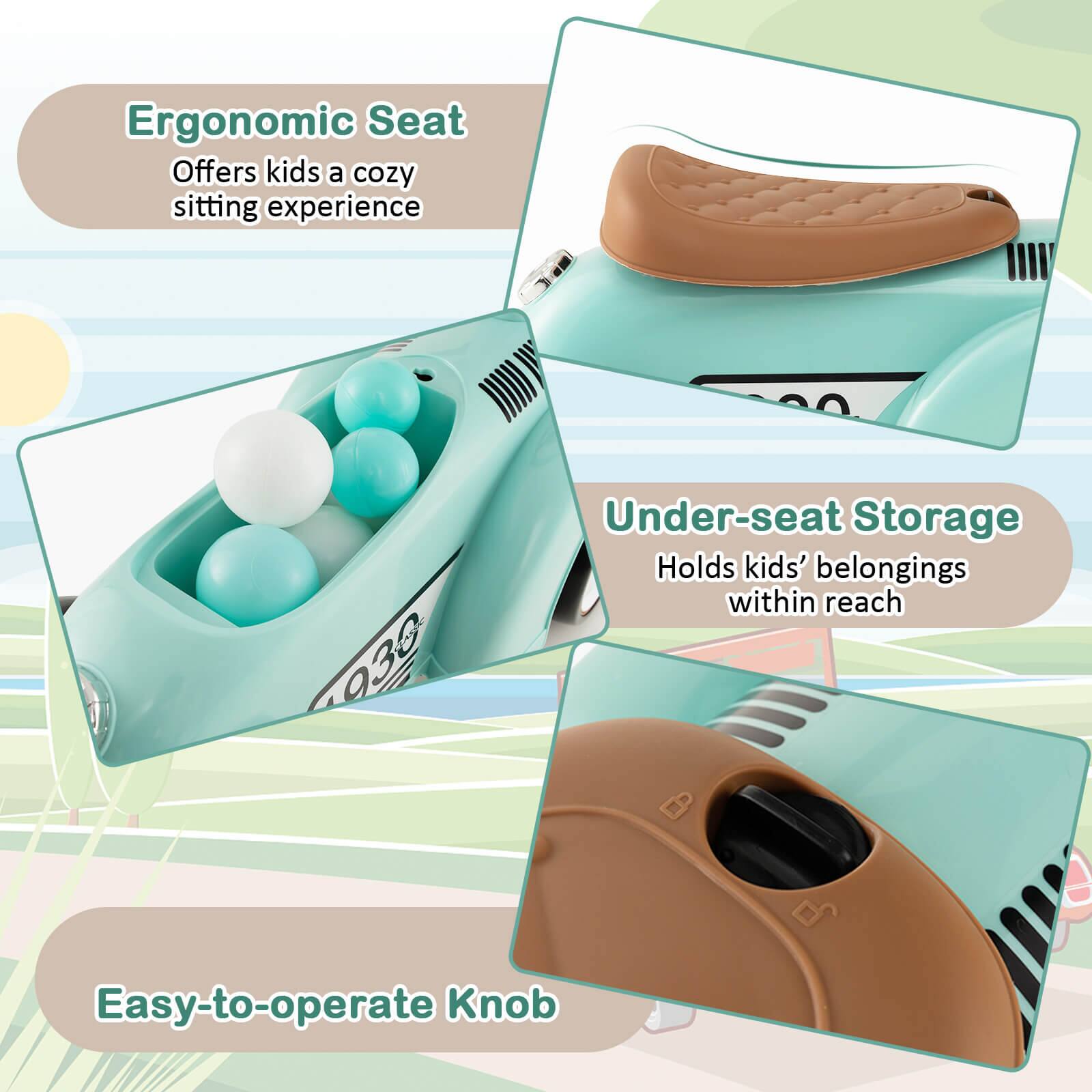 Ergonomic Seat  
Offers kids a cozy sitting experience

Under-seat Storage  
Holds kids' belongings within reach

Easy-to-operate Knob