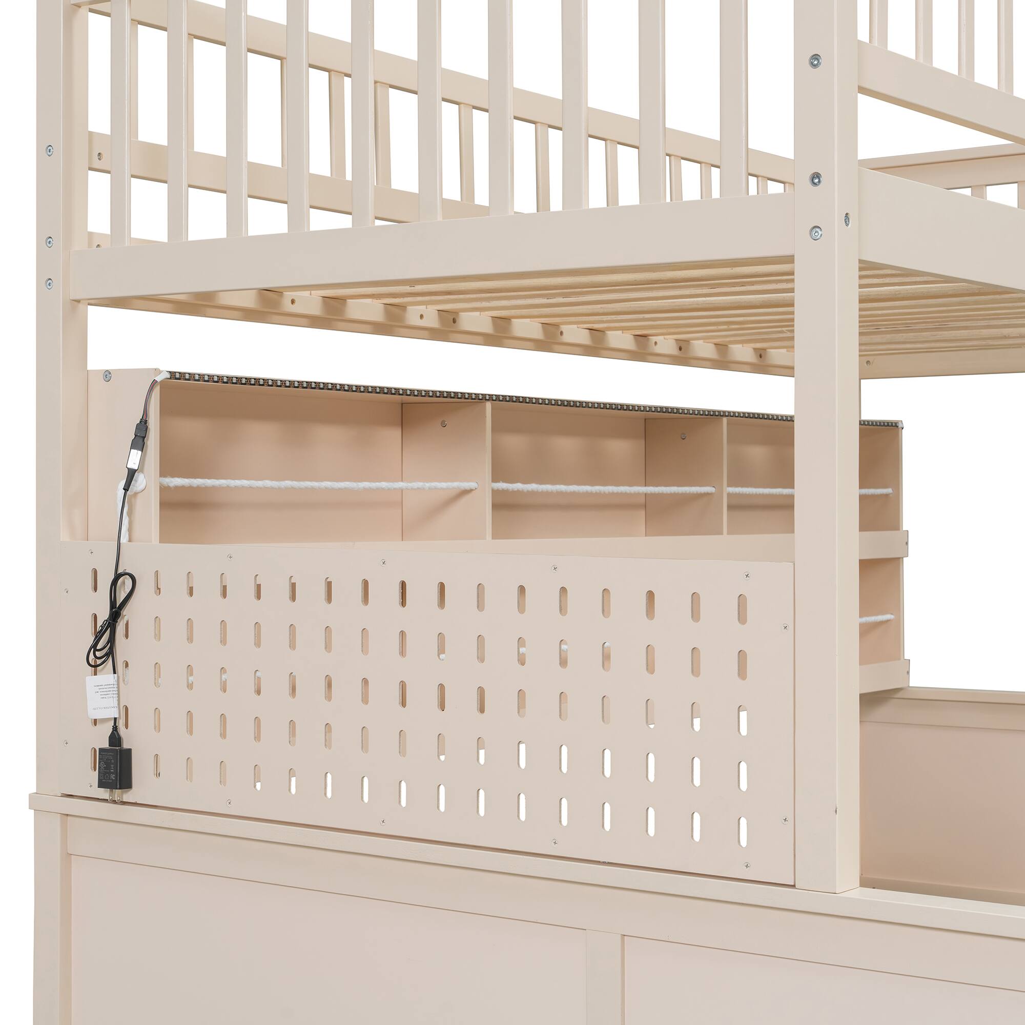 Alt View 5. Anysun - Twin XL over Queen Bunk Bed with Integrated Shelving, Color-Changing Lights and Pegboard - Beige.