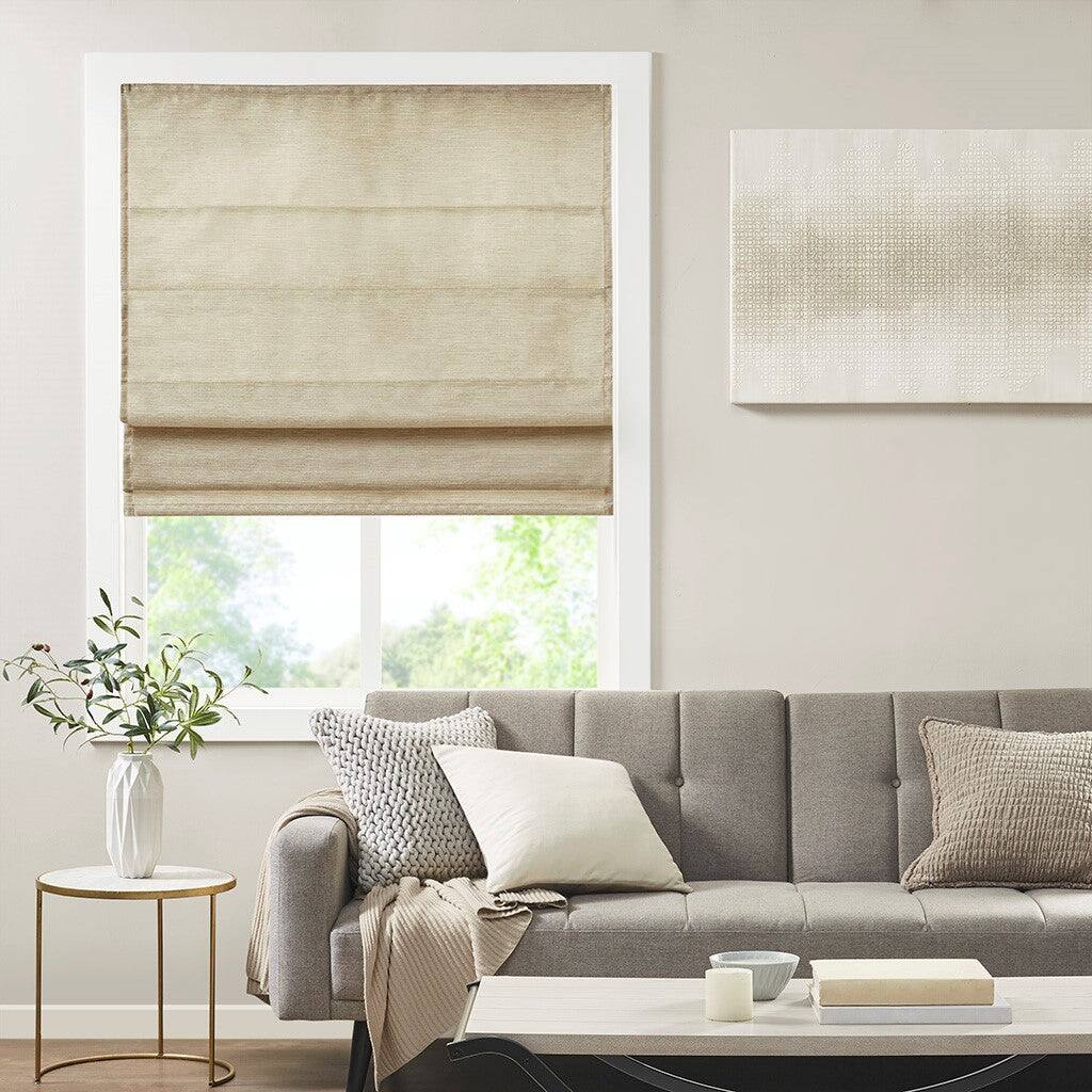 Angle. BreeBe - Printed Faux Silk Room Darkening Cordless Roman Shade - Taupe.