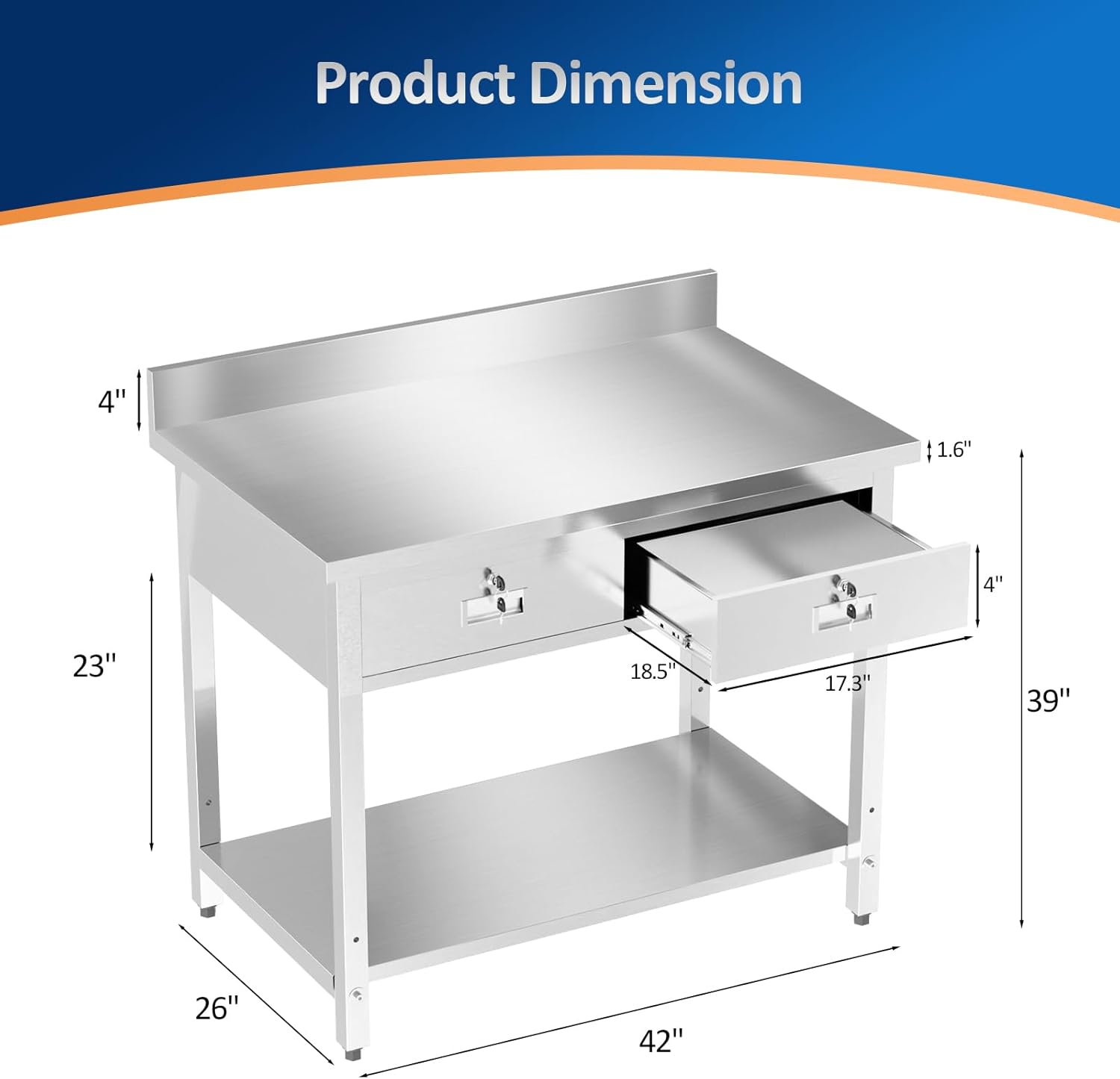 Product Dimension

- Width: 42"
- Depth: 39"
- Height: 26"
- Top Surface: 4" x 18.5"
- Drawer: 17.3" x 11.6"
- Overall Height: 23"