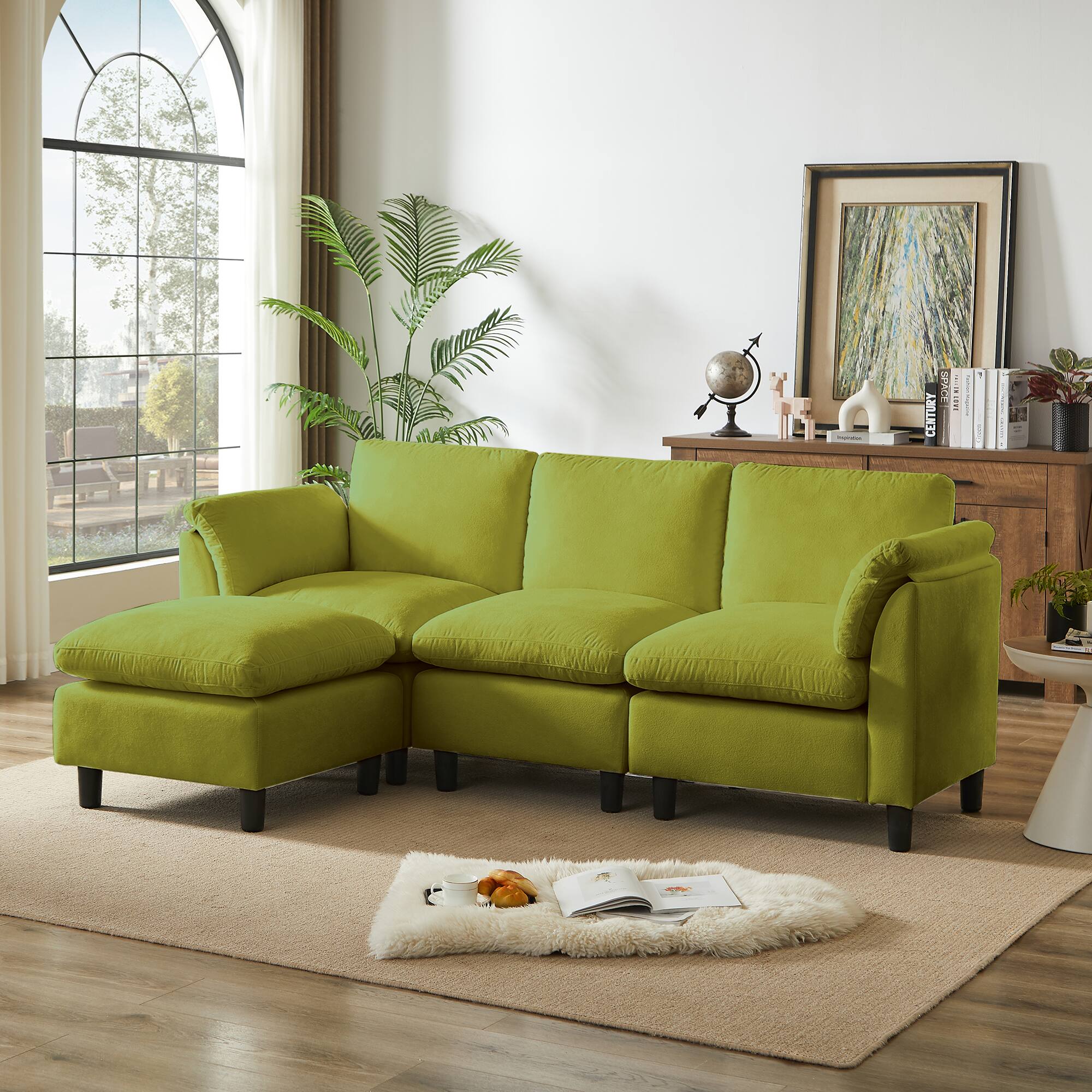 Angle. Electra Tech Xpress - Modern L-Shaped Chenille Upholstered Sectional Couch for Living Room, 3 Seater Cloud Sofa with Ottoman - GREEN.