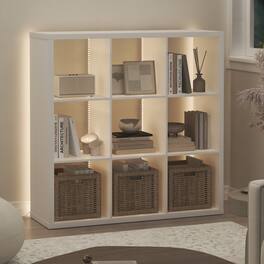 Furinno - CUBICLE Book Shelf with LED Lights, 9-Cube LED Bookshelf, Reversible Extra Thick Frame Bookcase, Display Storage Shelves - White